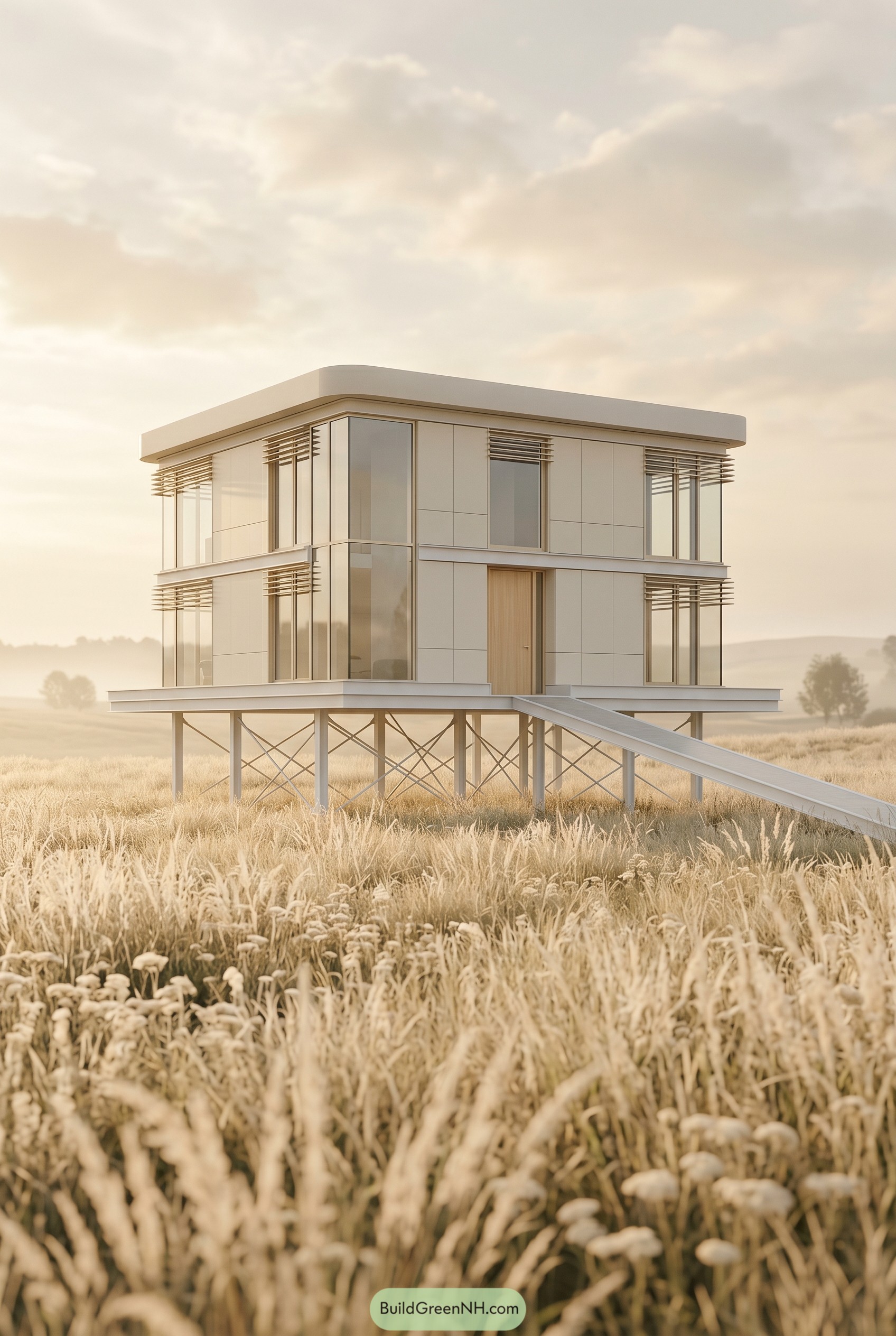 Two story white house on steel stilts in a meadow