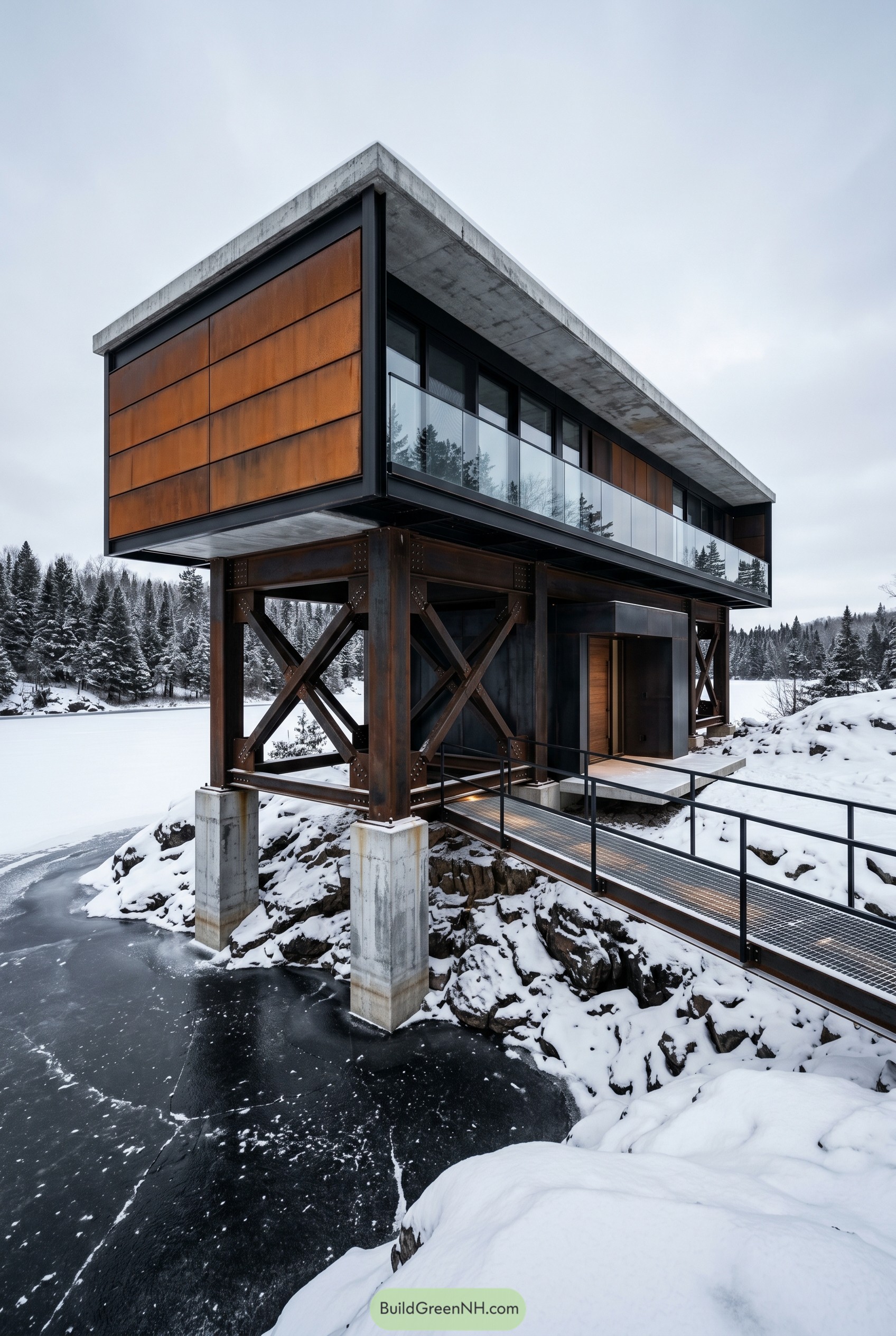 Elevated corten and steel house over a frozen inlet