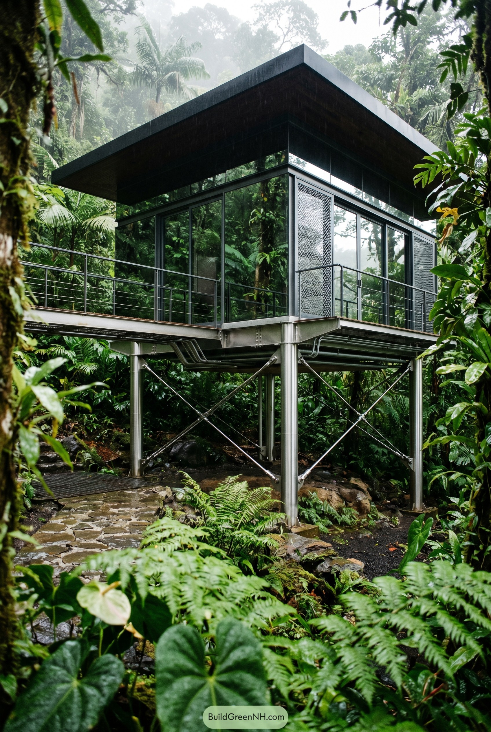 Elevated glass pavilion on steel stilts in rainforest