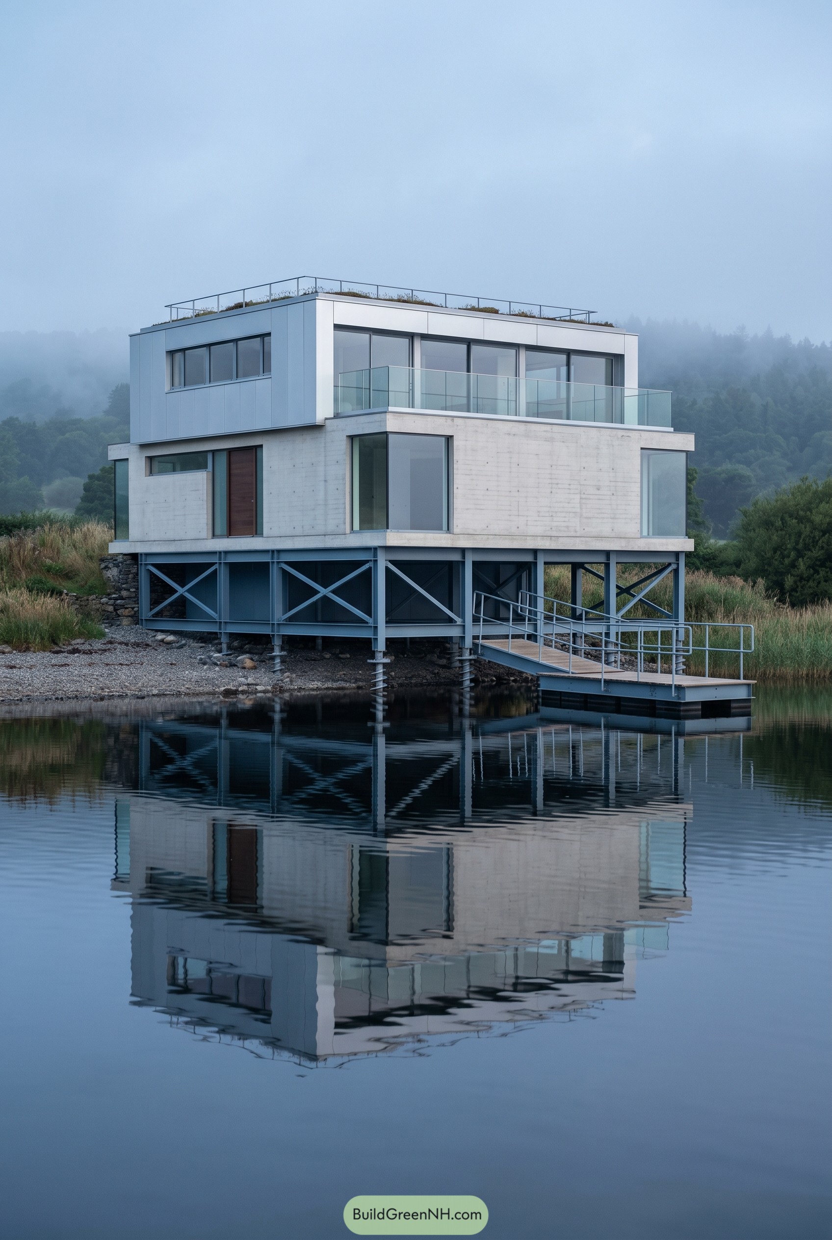 Modern stilt house above calm water