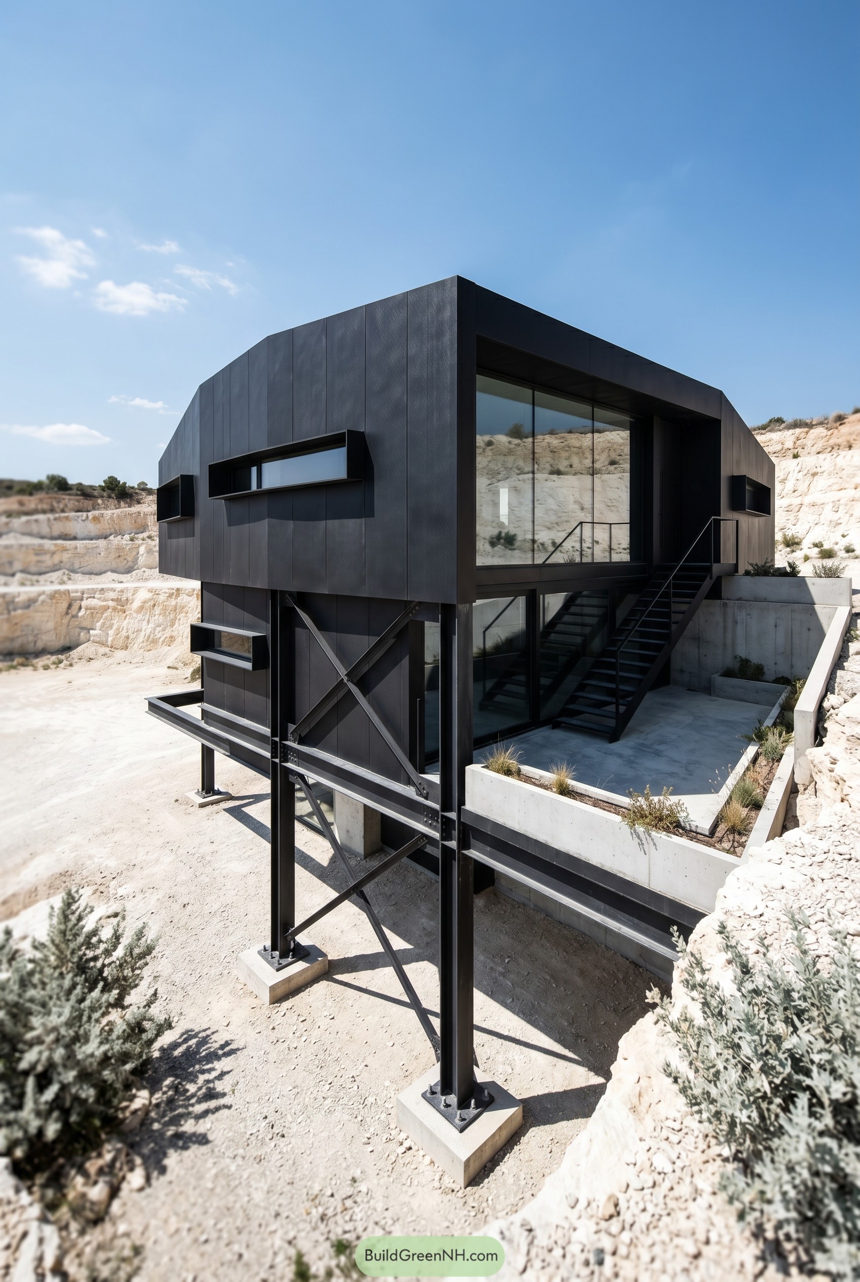 Black steel stilt house in a quarry