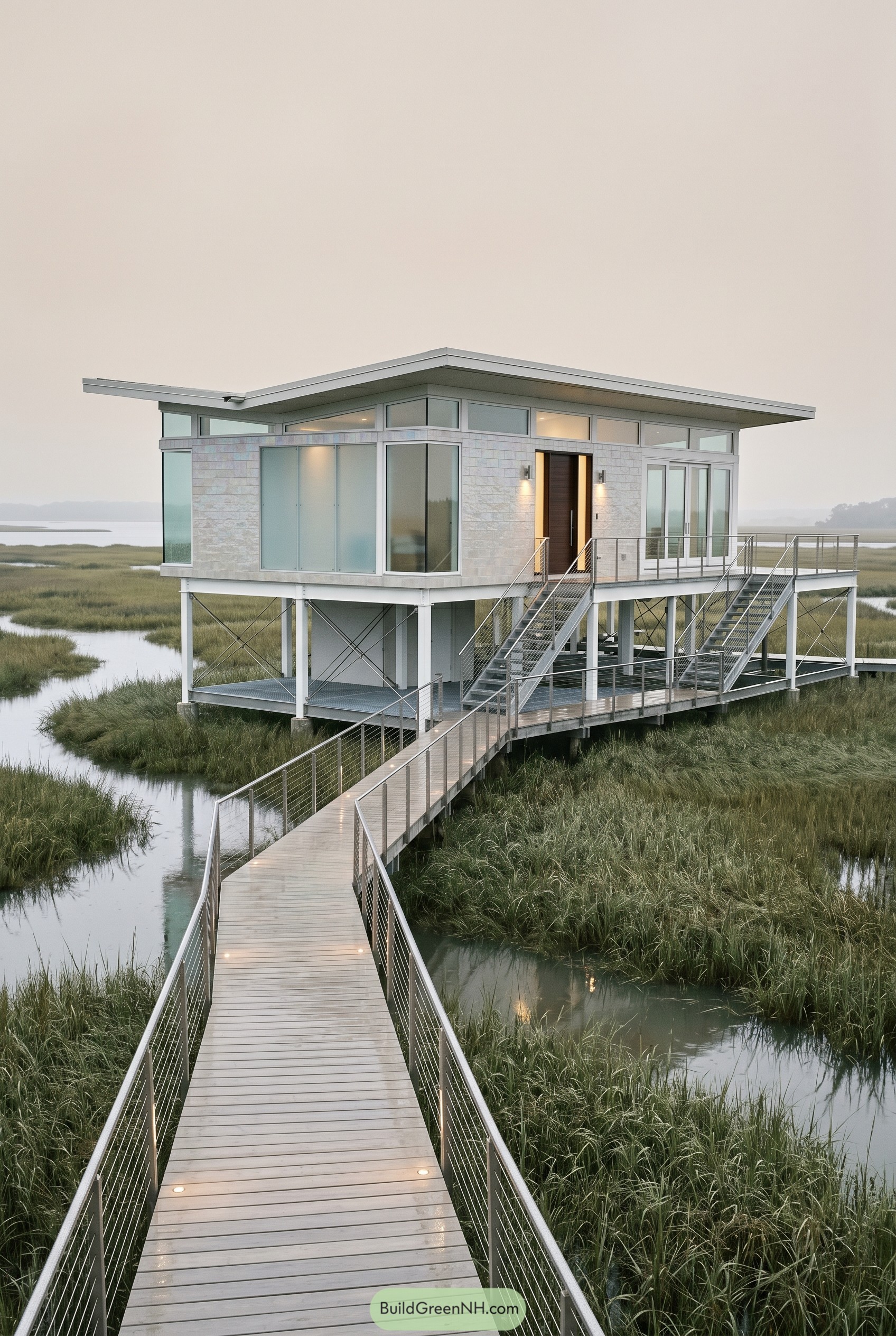 Modern stilt house above marsh with boardwalk