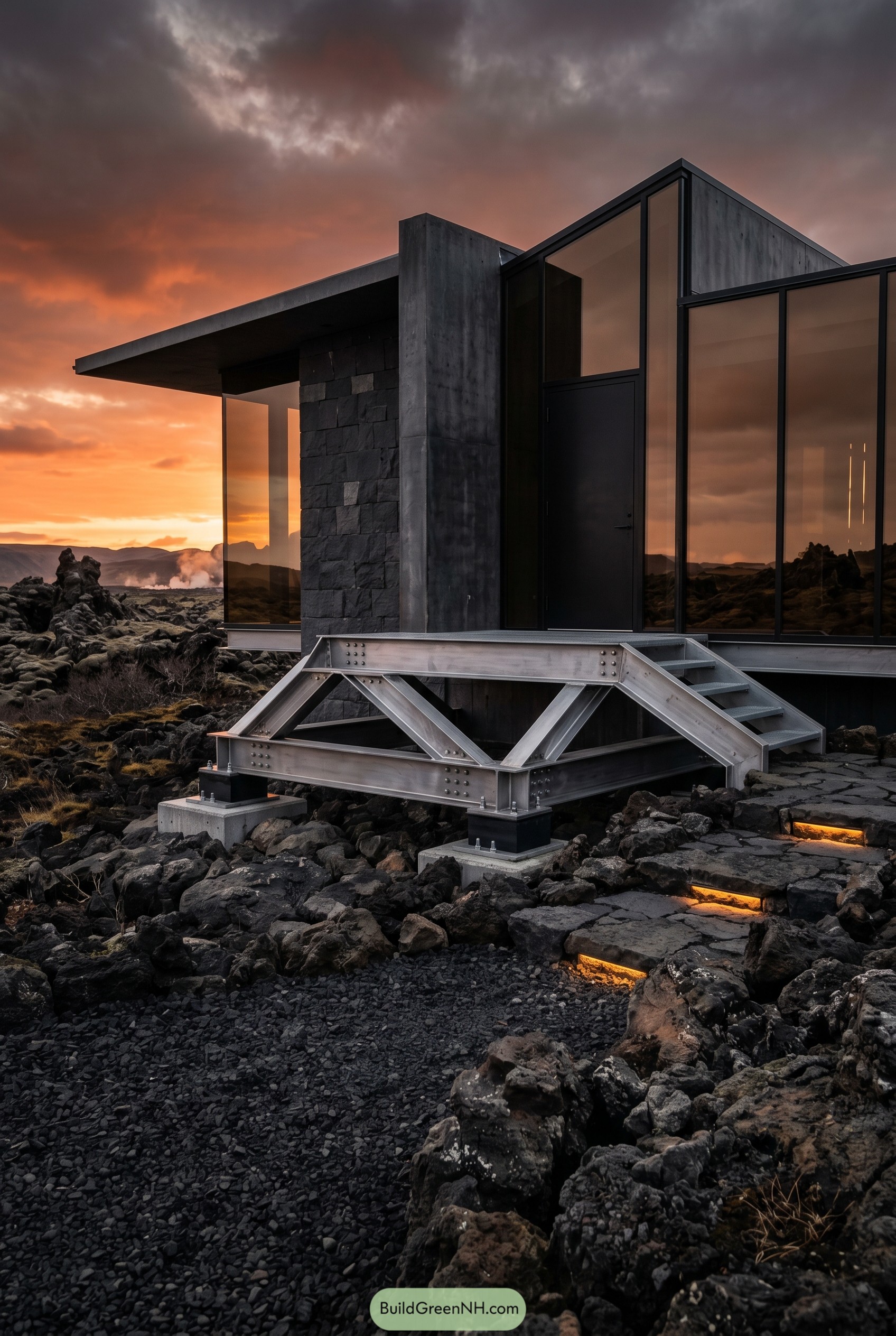 Modern glass house on steel frame over lava rock