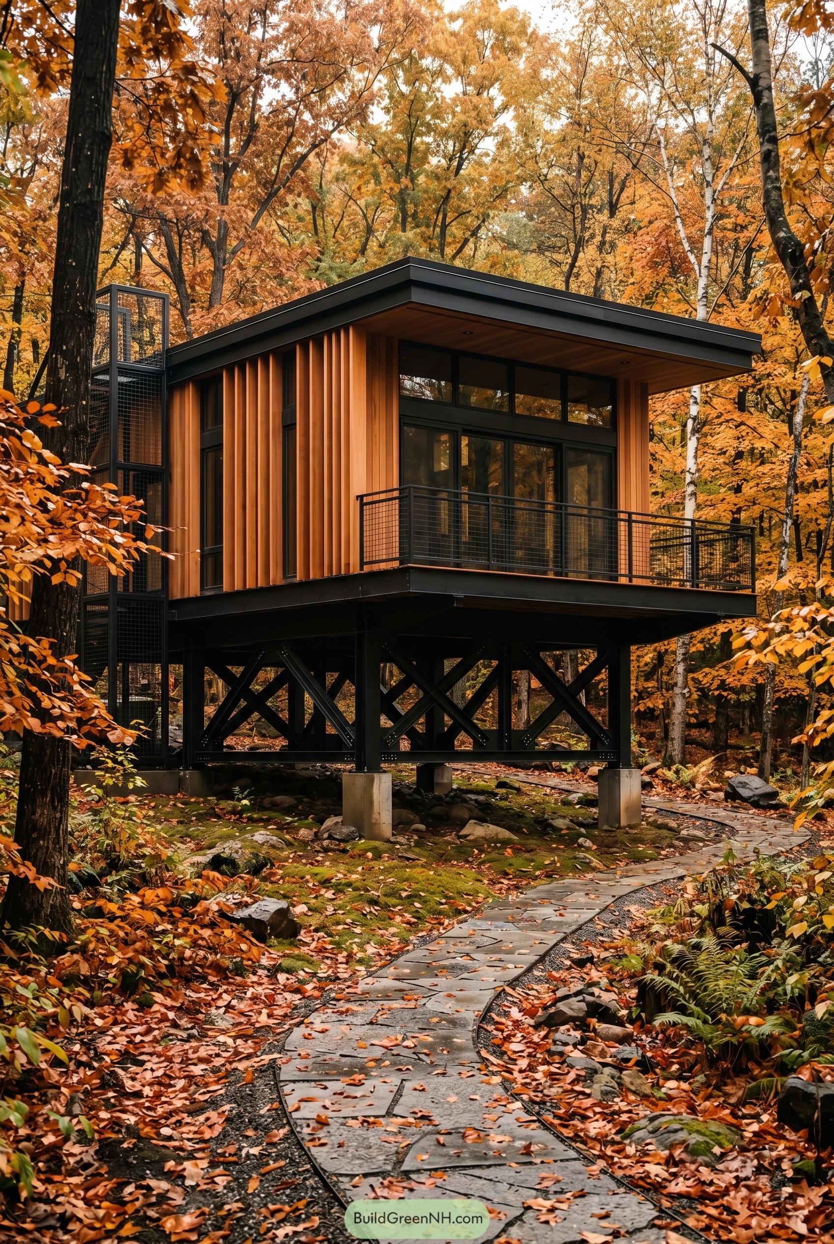 Modern cedar house on steel stilts in autumn woods