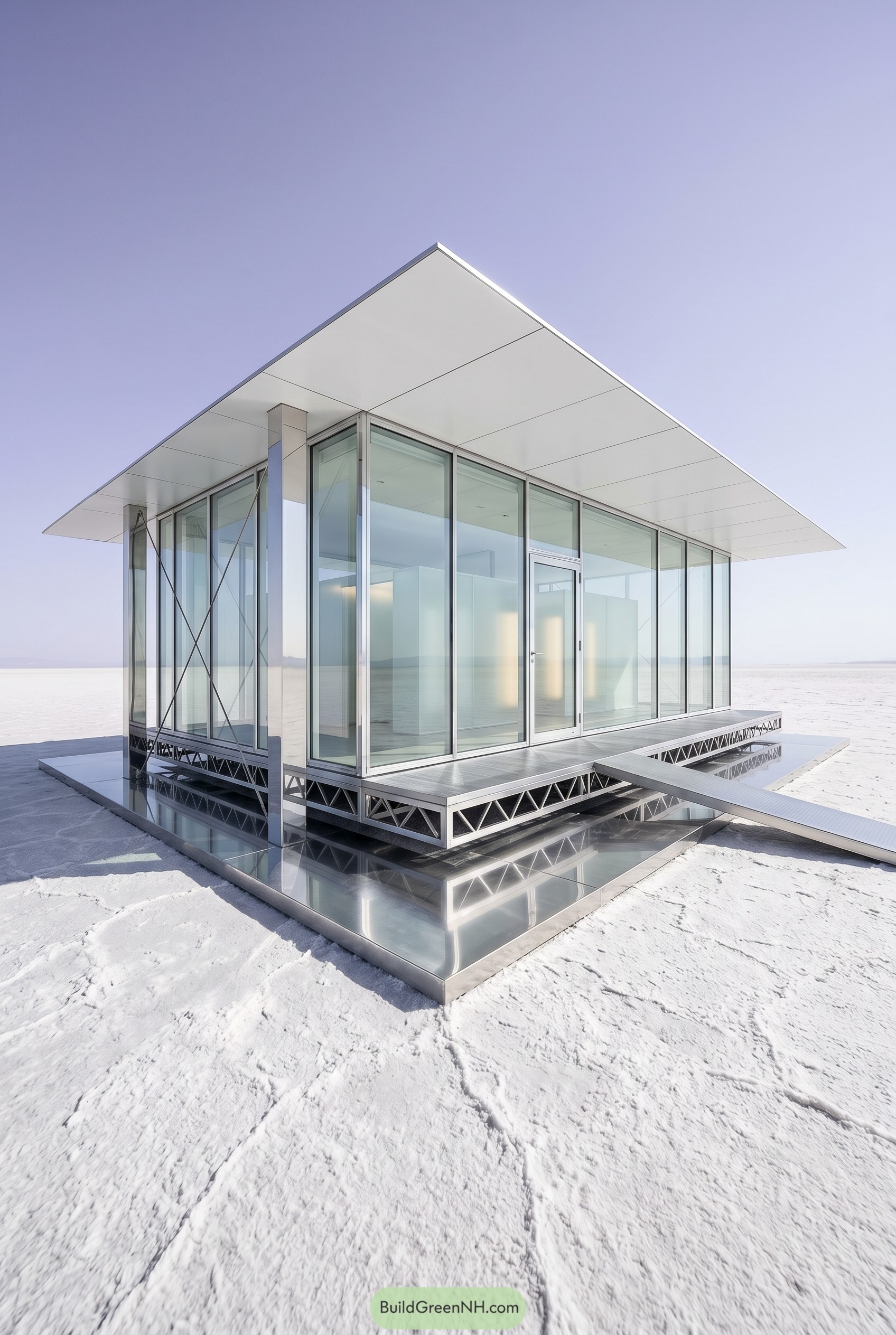 Glass pavilion on steel platform over salt flat