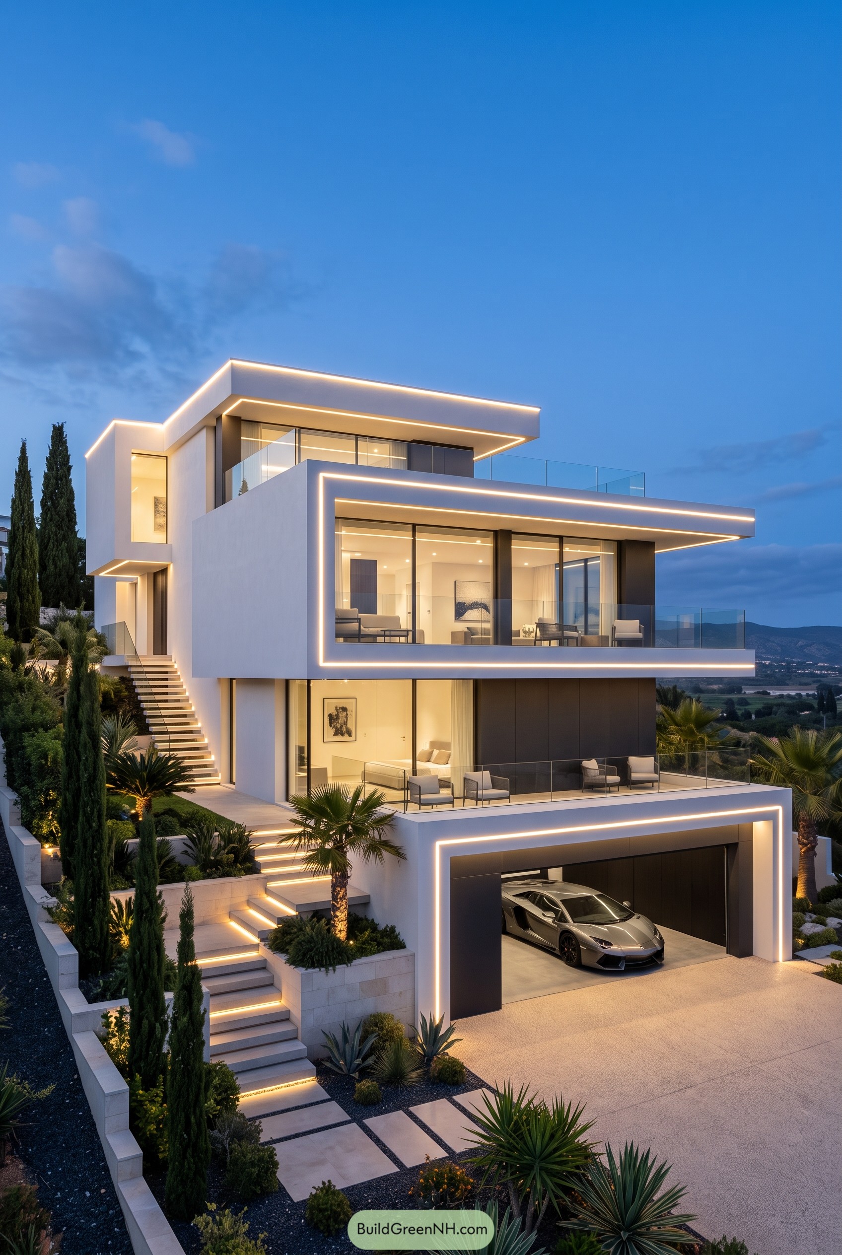 Modern terraced villa with glowing edges