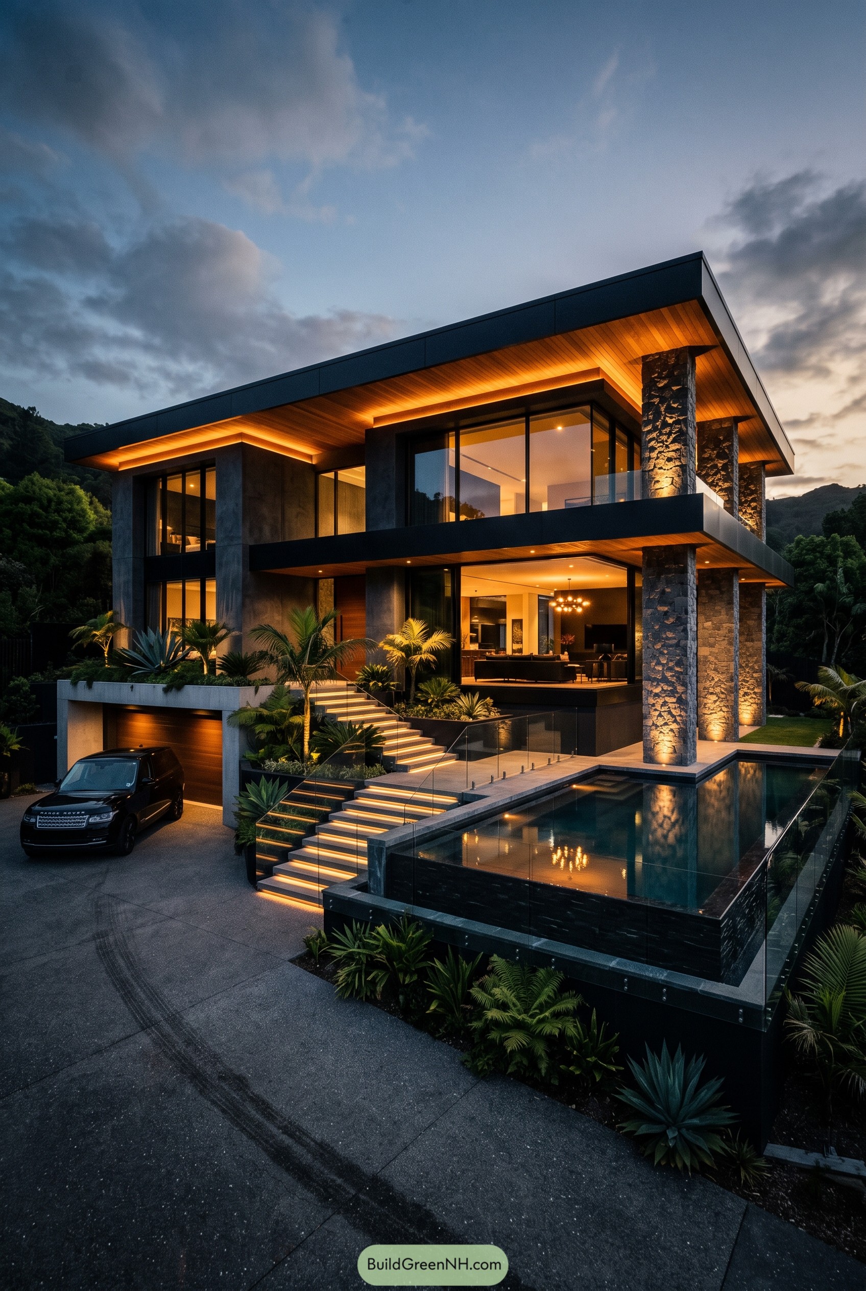 Modern hillside villa with pool and stone columns