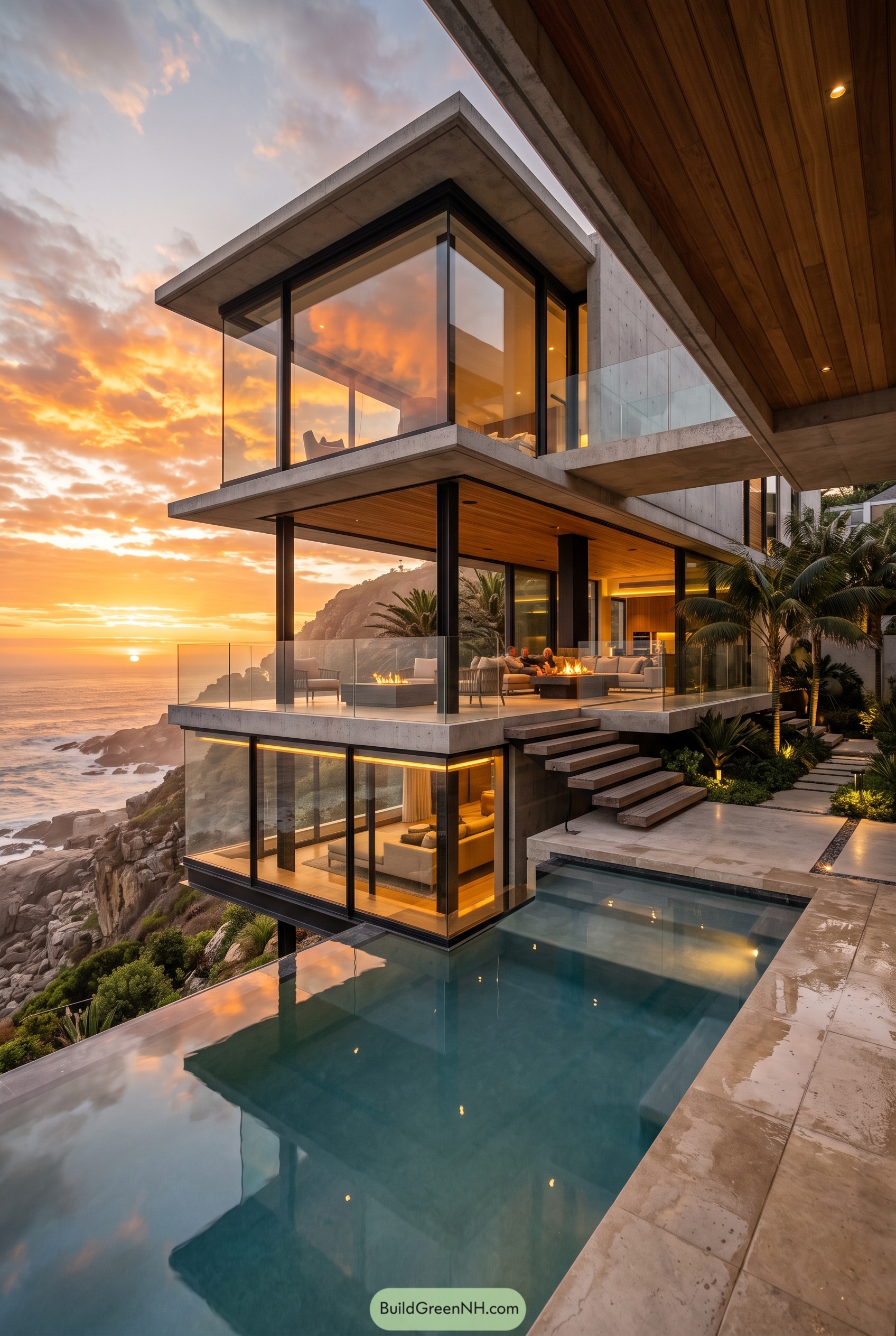 Modern cliffside glass villa with infinity pool