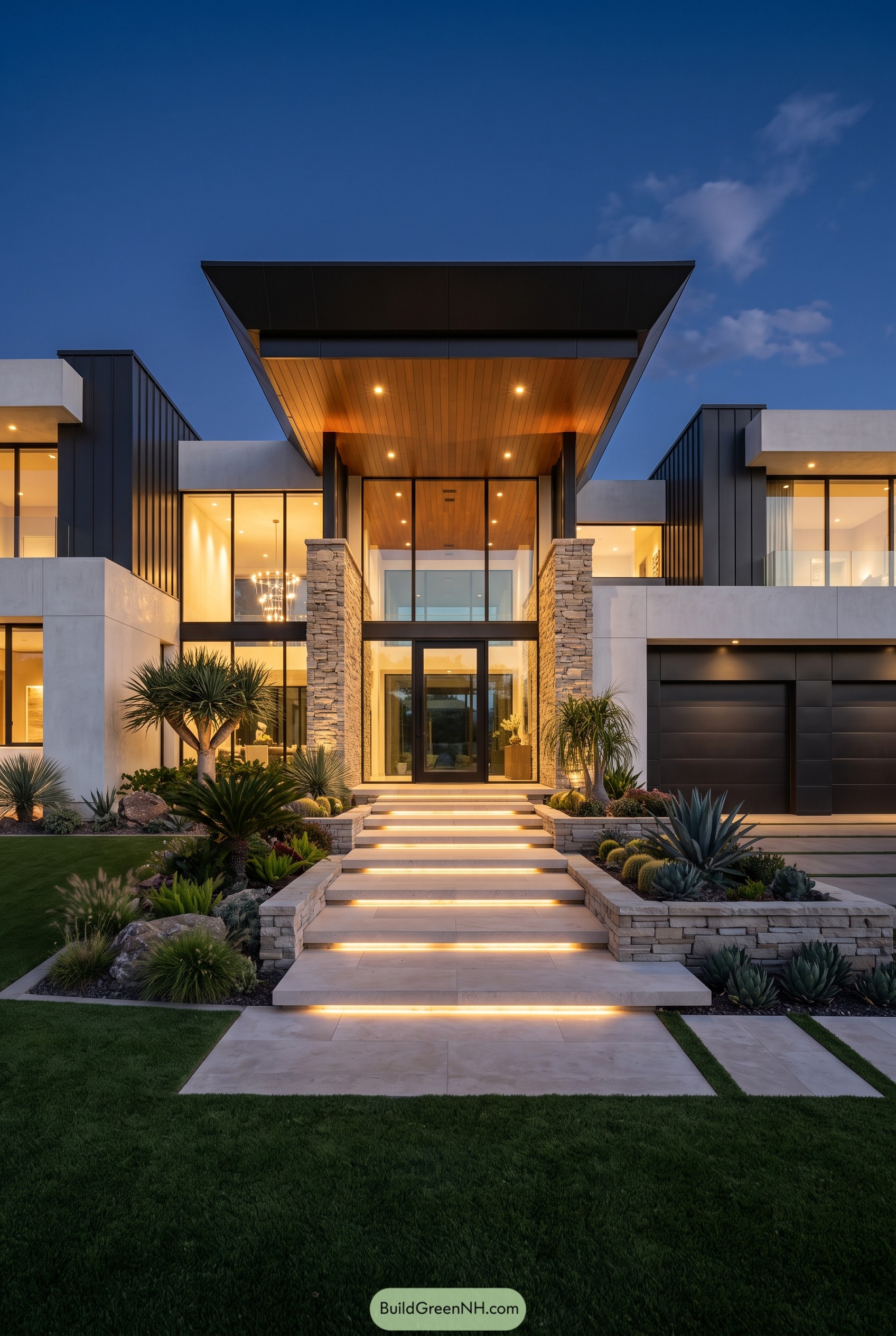 Modern luxury home with lit steps and overhanging roof