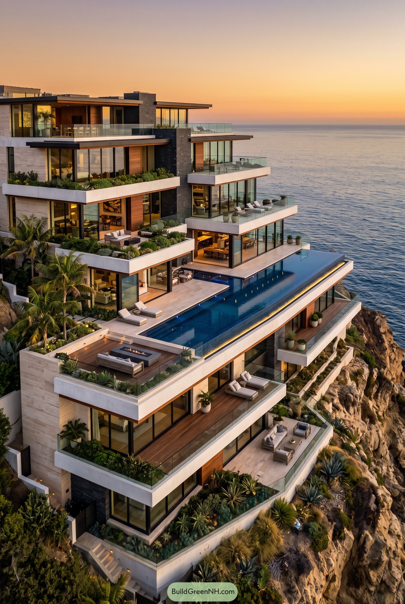 Modern oceanfront mansion with tiered terraces and infinity pool