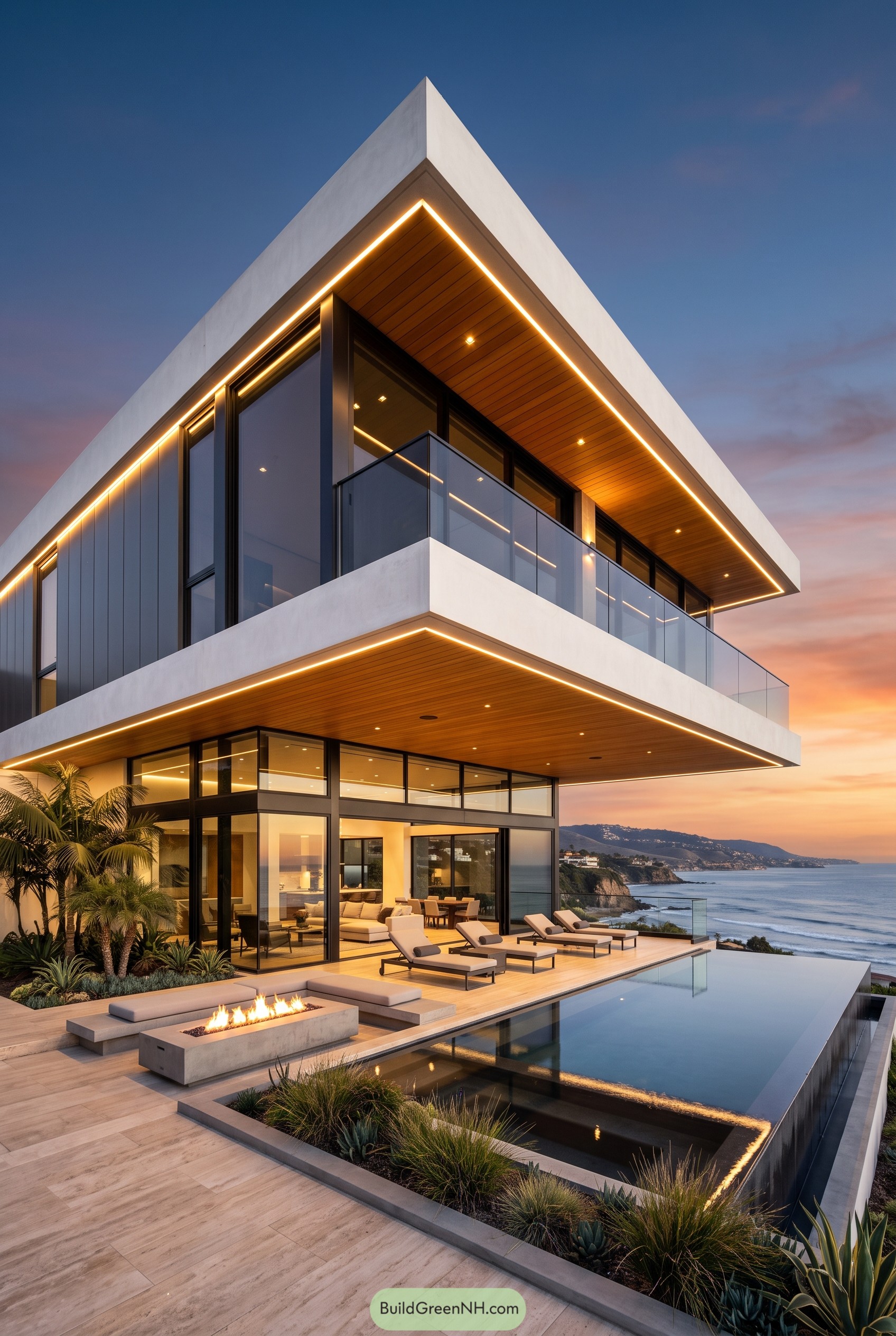 Modern coastal villa with cantilevered terraces and infinity pool