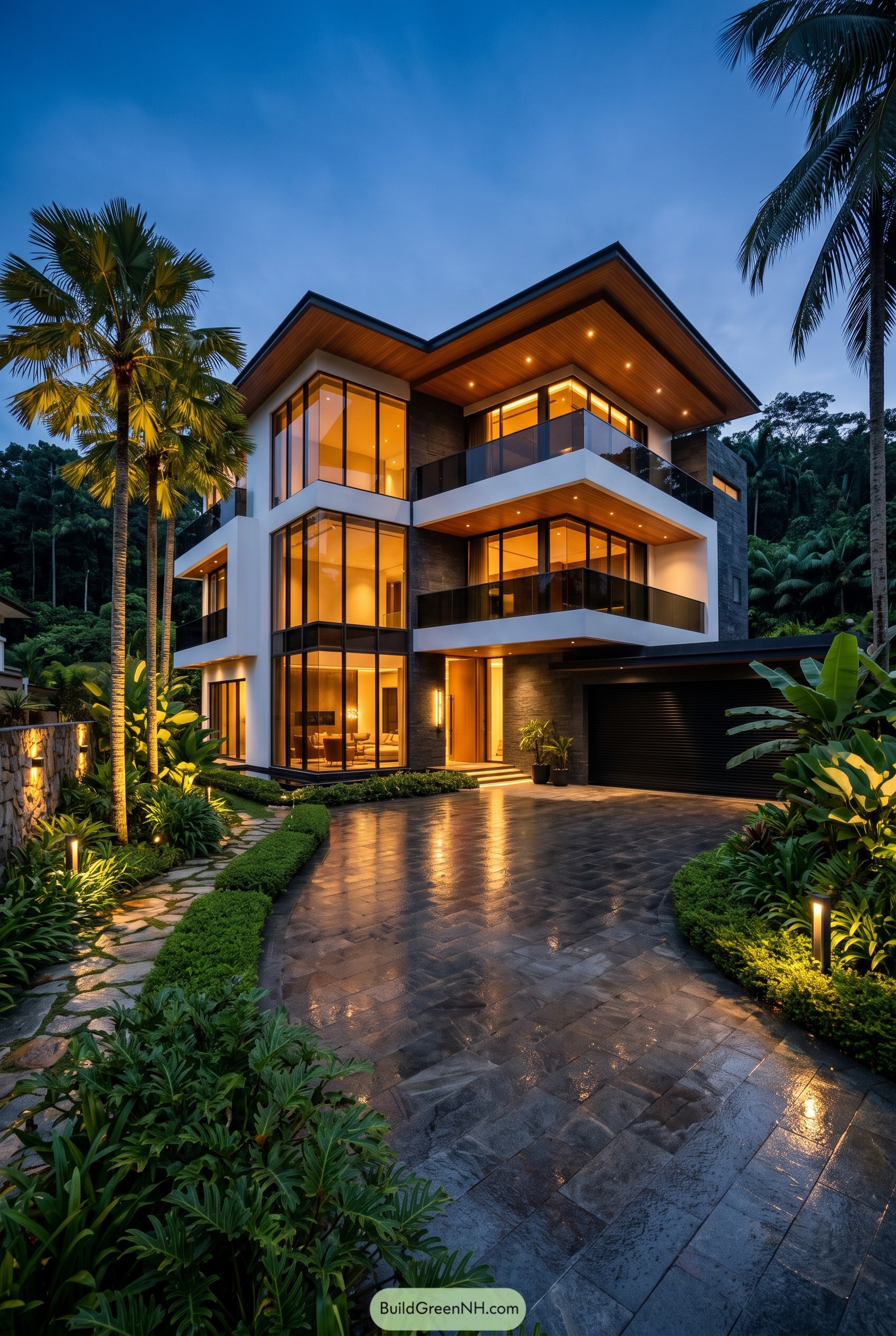 Three story modern tropical villa with glass balconies