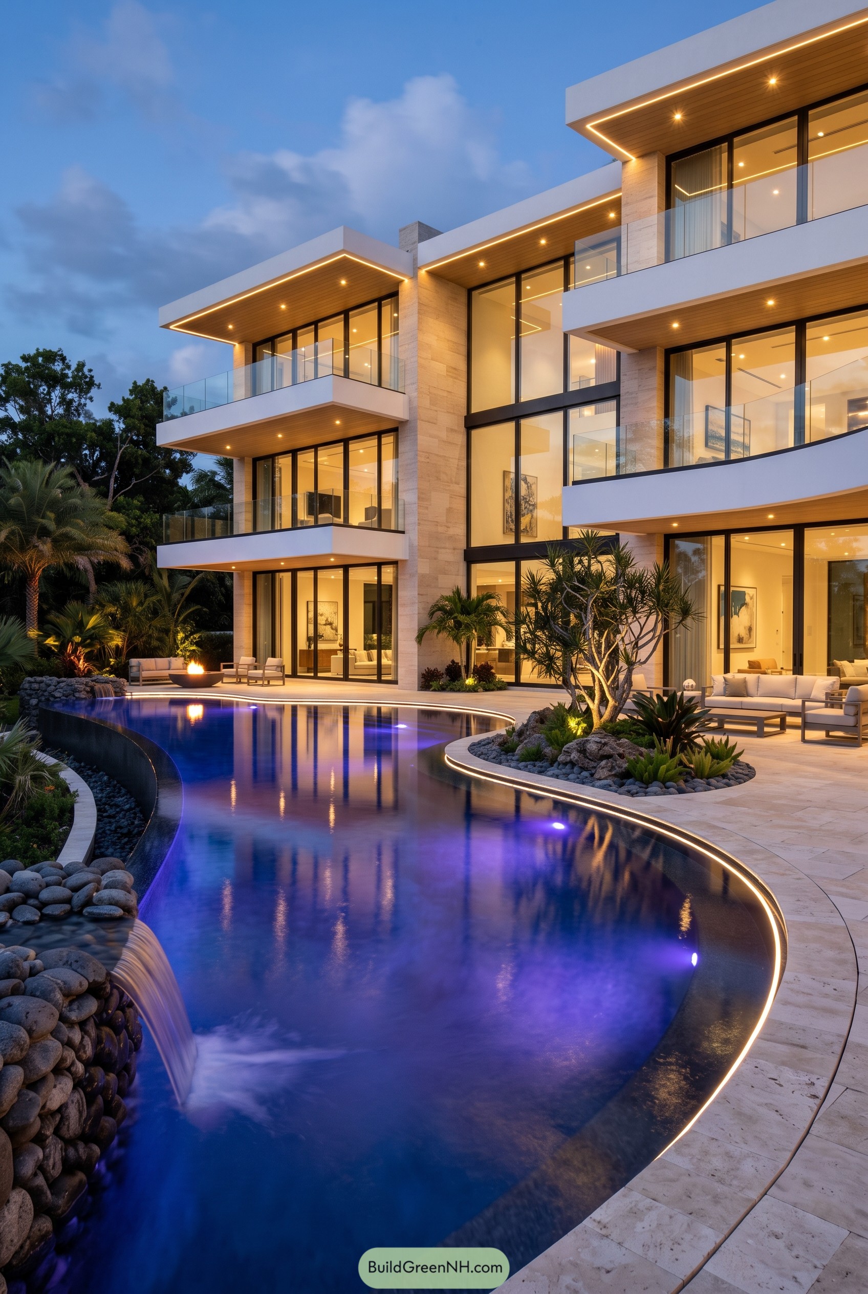 Modern glass mansion with curved pool