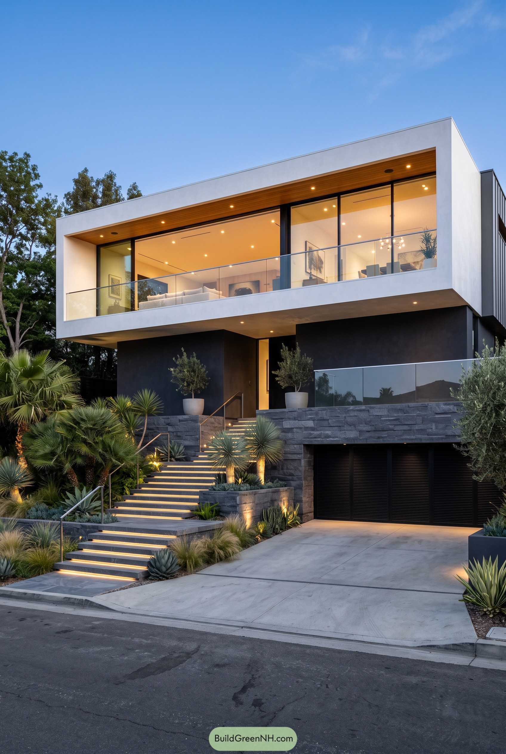 Modern hillside home with glass balcony and glowing stairs