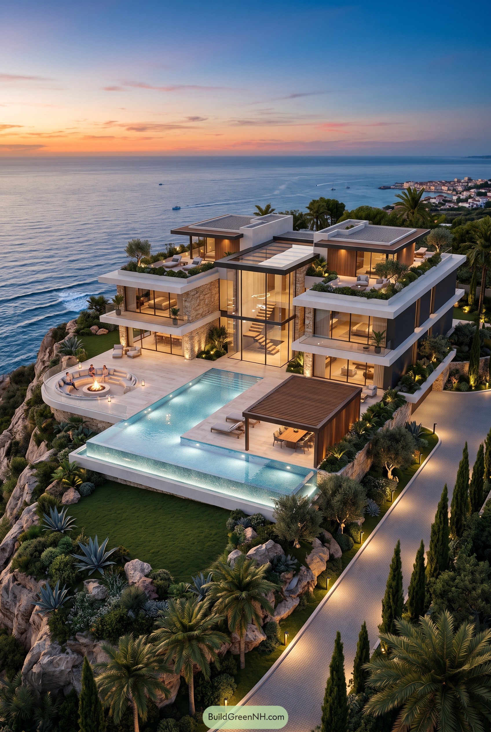 Modern cliffside villa with infinity pool at sunset