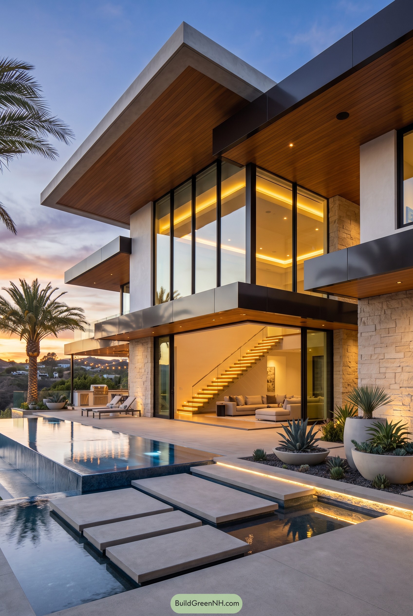 Modern glass villa with pool at dusk