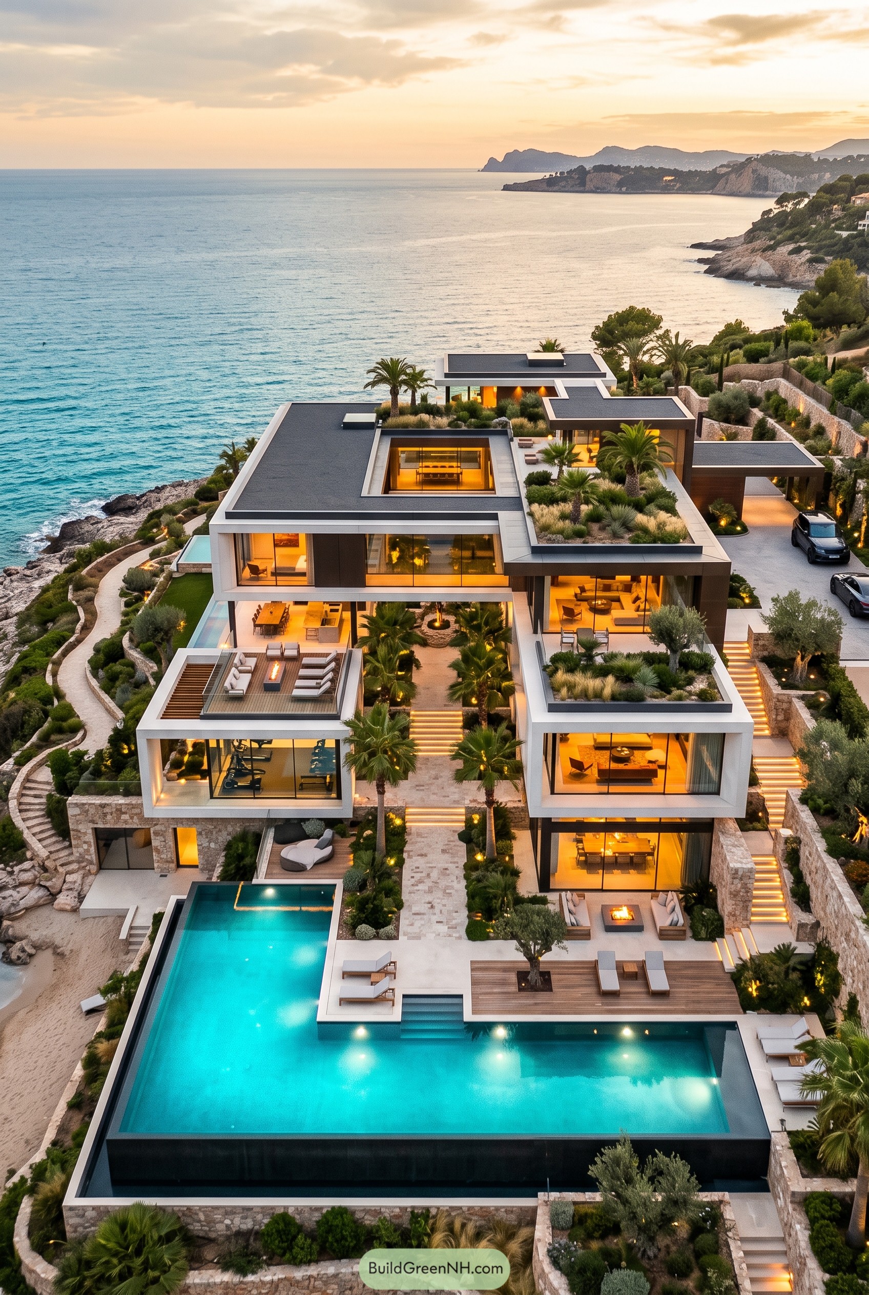 Modern coastal mansion with pool and terraces