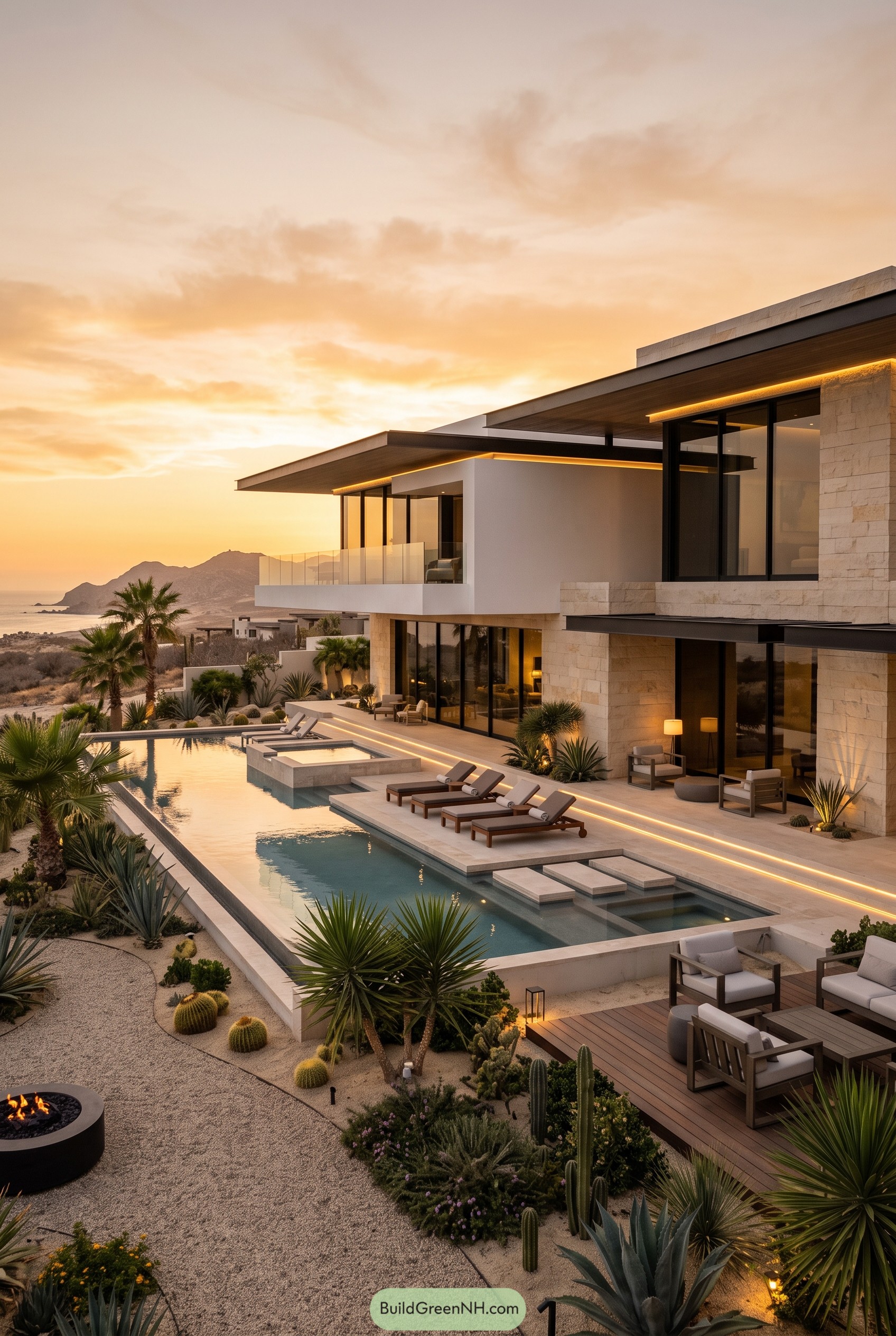 Modern desert villa with pool at sunset