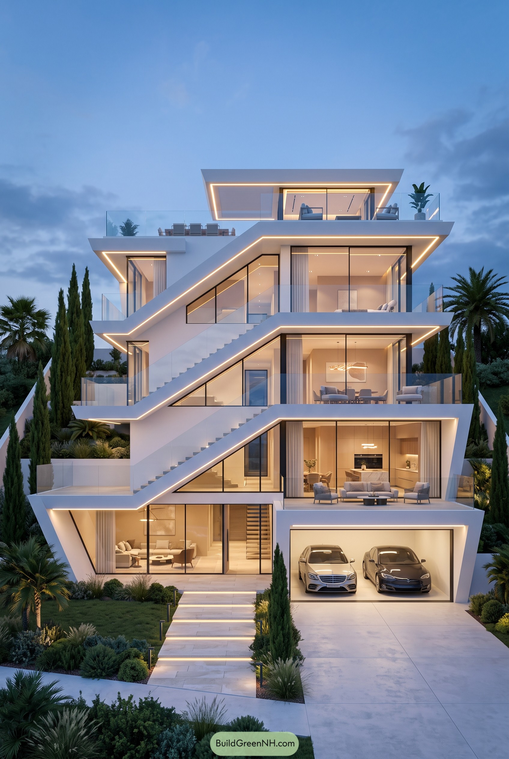 Tiered modern mansion with glowing terraces and glass walls