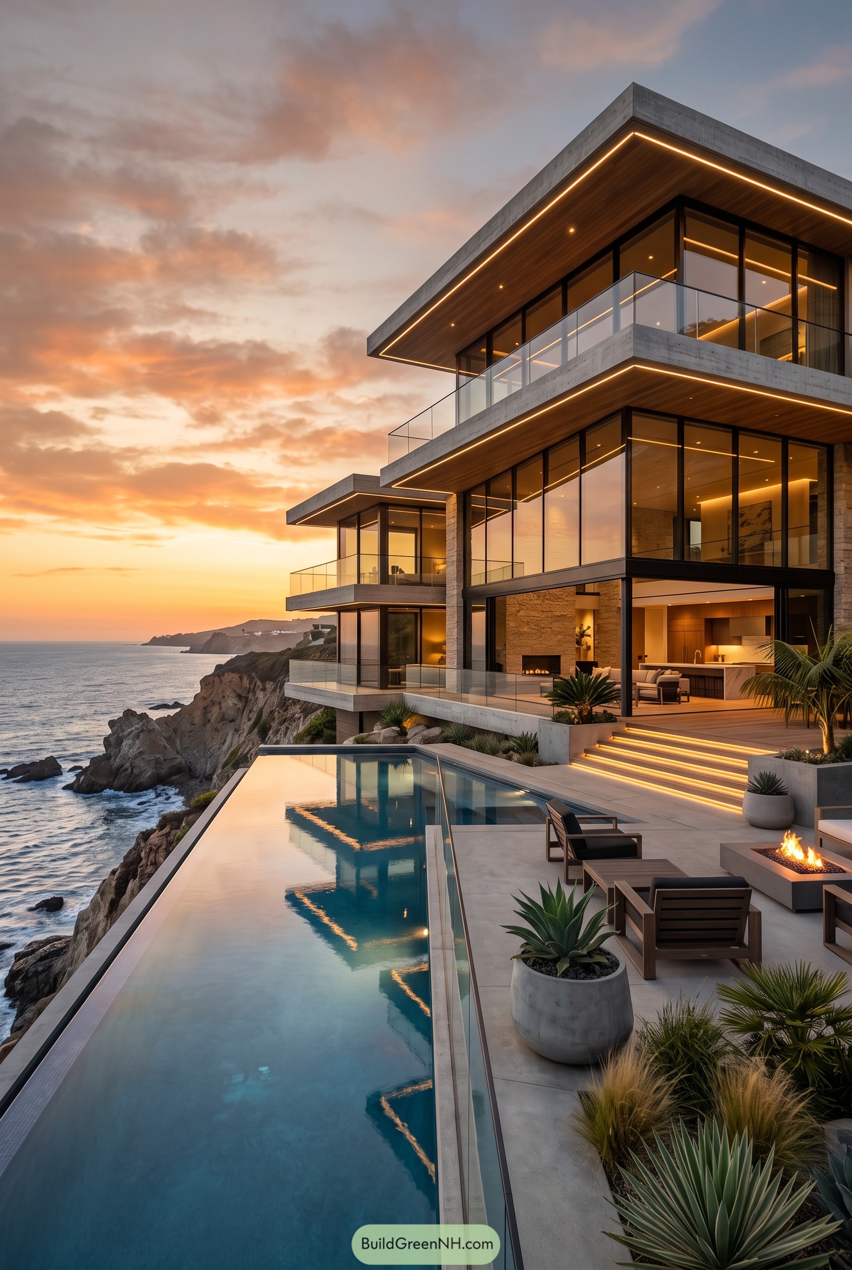 Modern cliffside villa with infinity pool at sunset