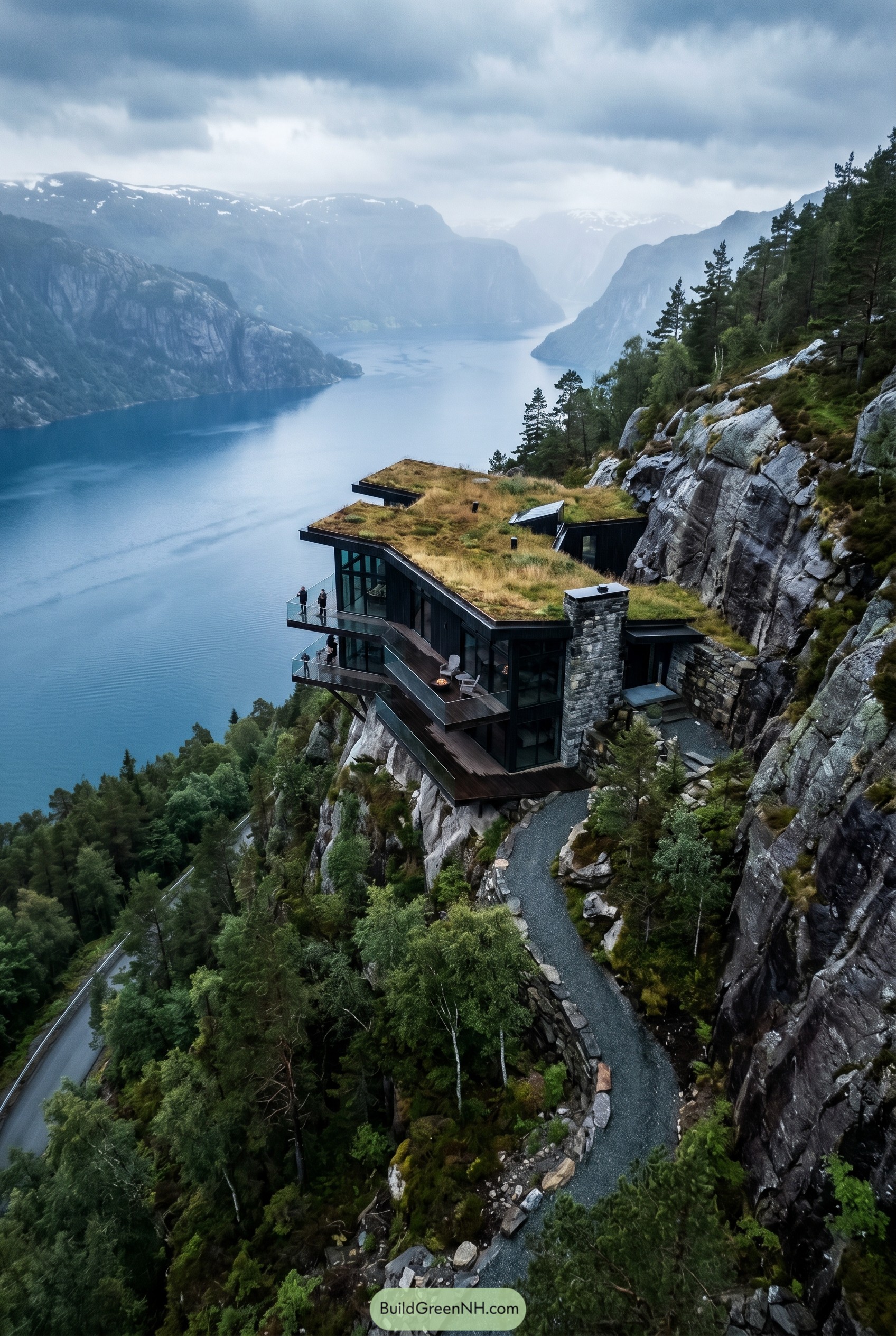 Modern cliffside retreat with grass roof above fjord