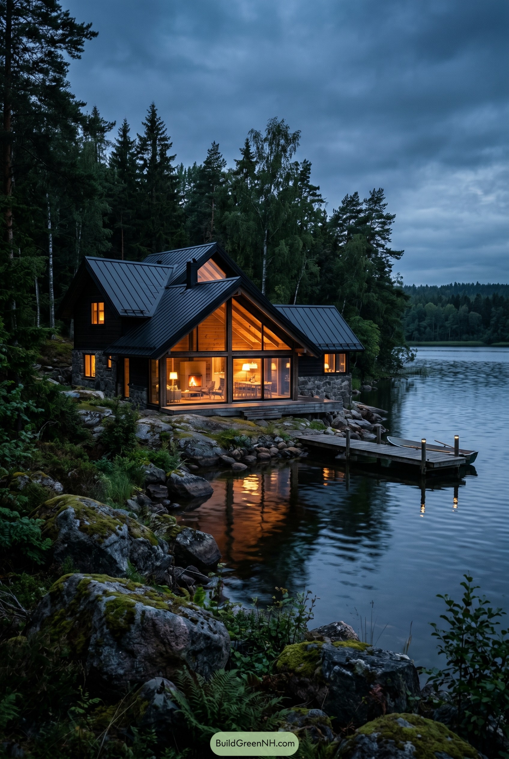 Black gabled lakeside cabin by a forest dock