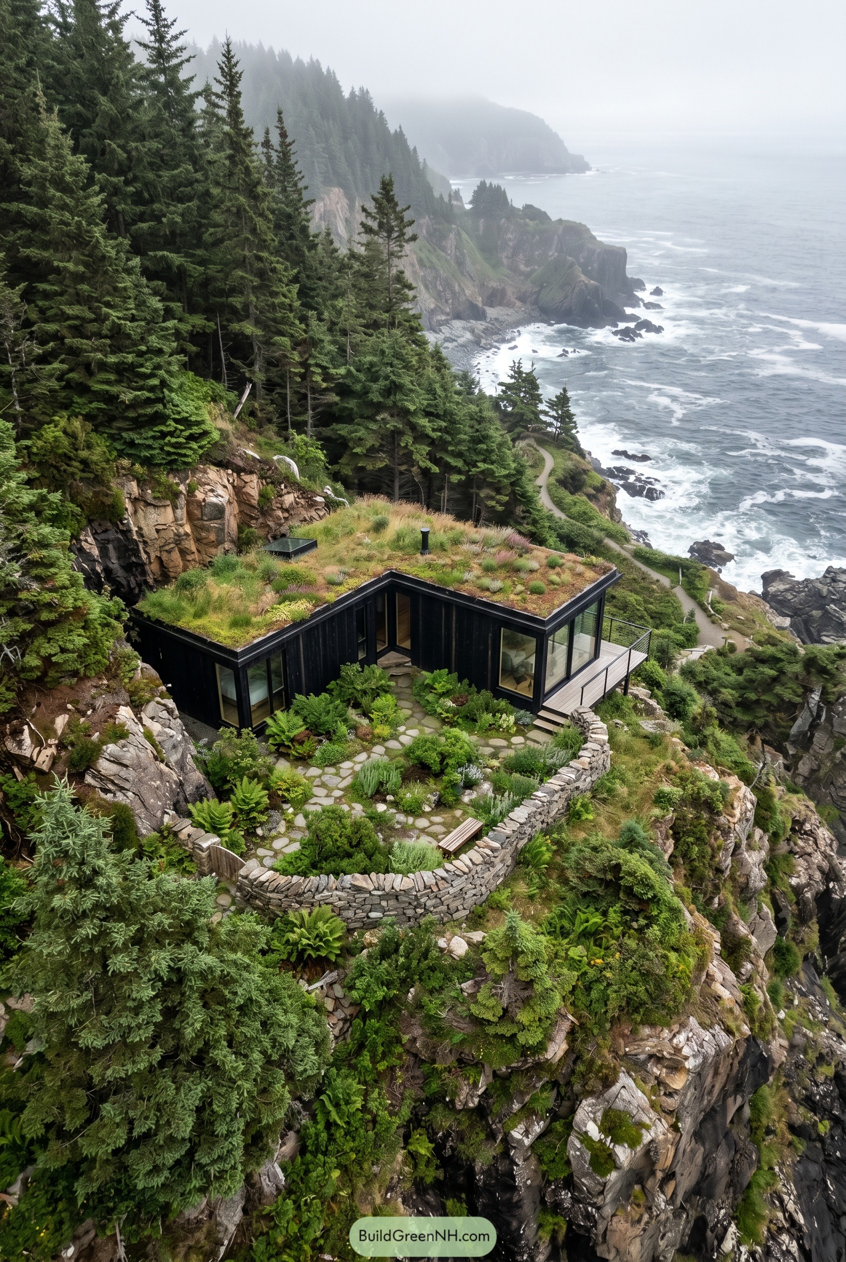 Modern black cliff house with a planted roof