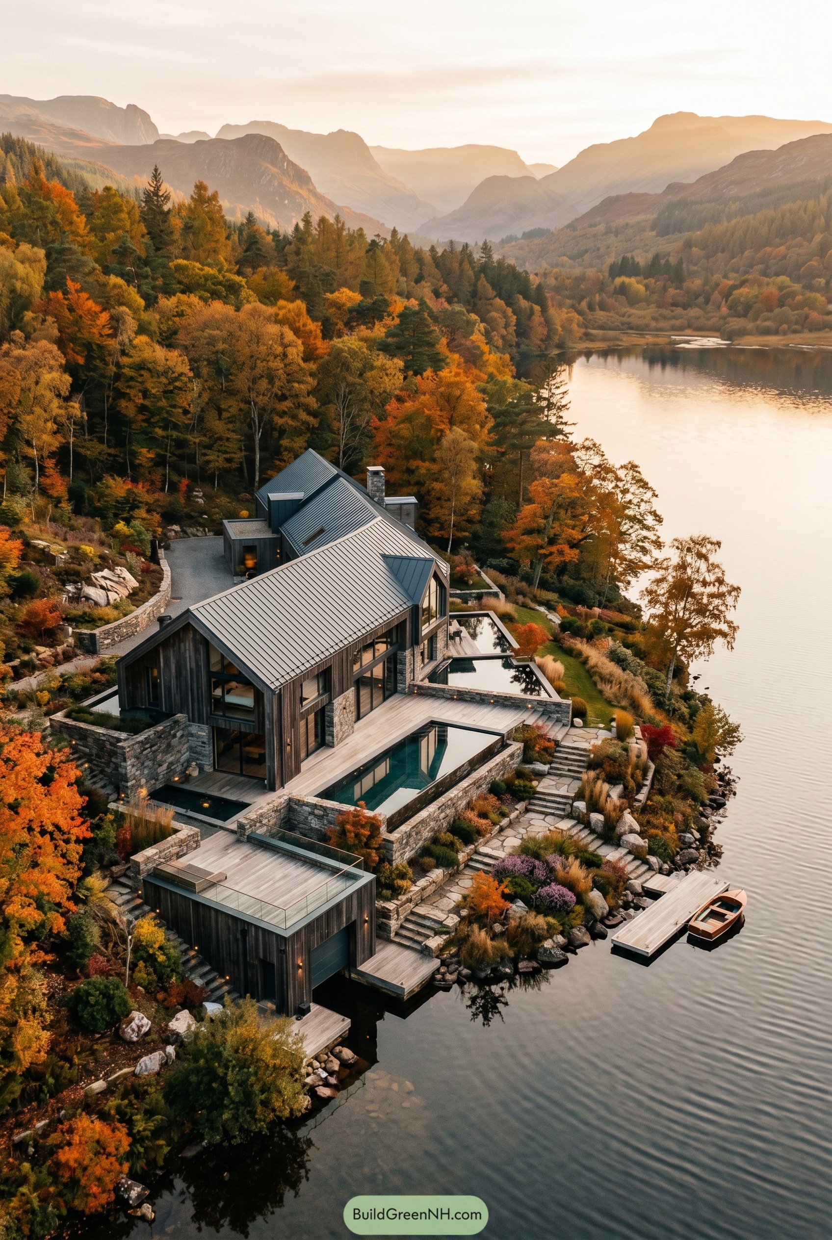 Aerial view of lakeside retreat with tiered pools