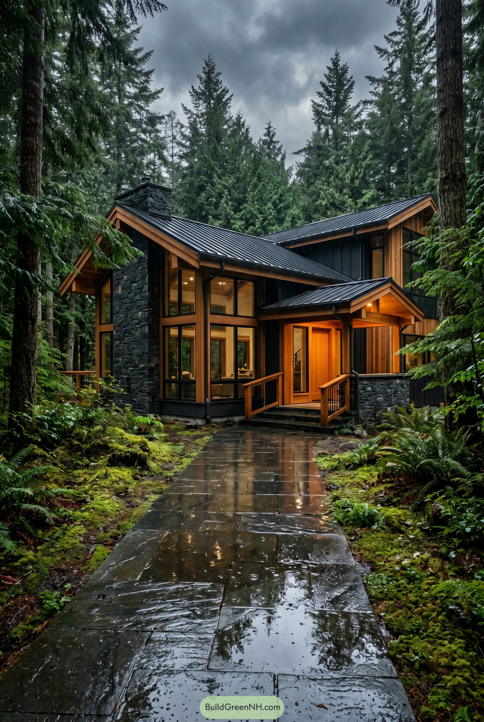 Modern forest lodge with black gabled roofs