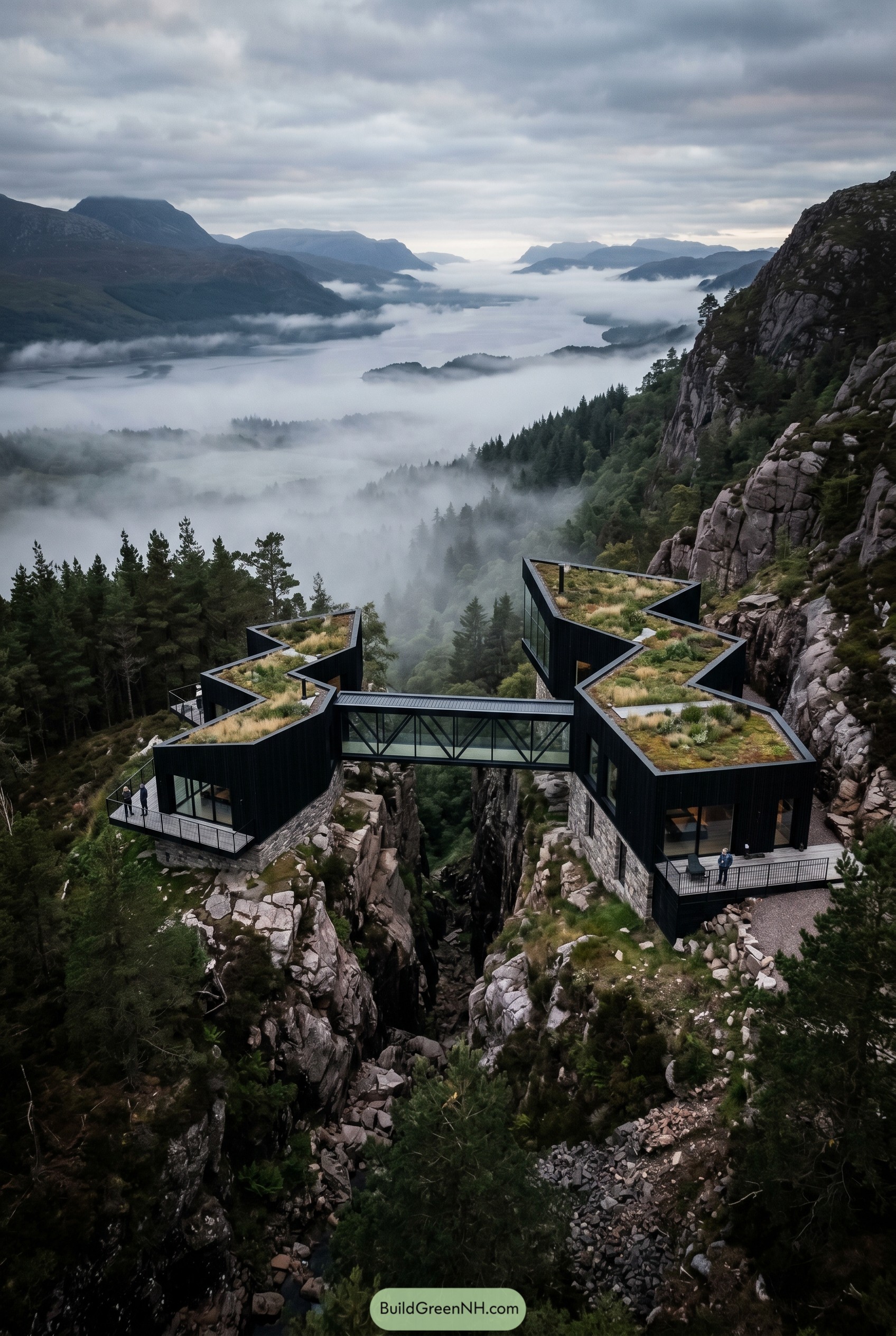 Black cliffside retreat with planted roofs and glass bridge