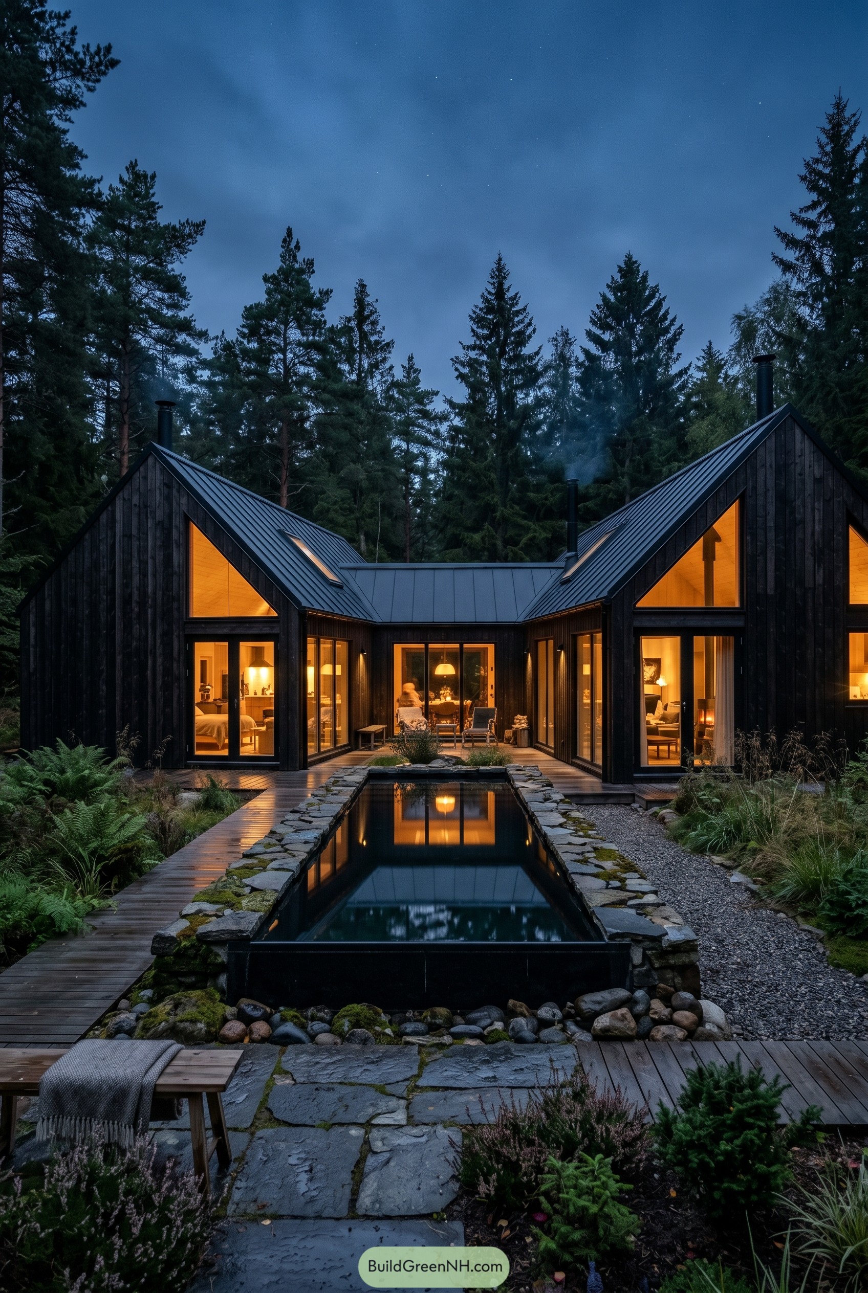 Black gabled forest retreat with courtyard pool