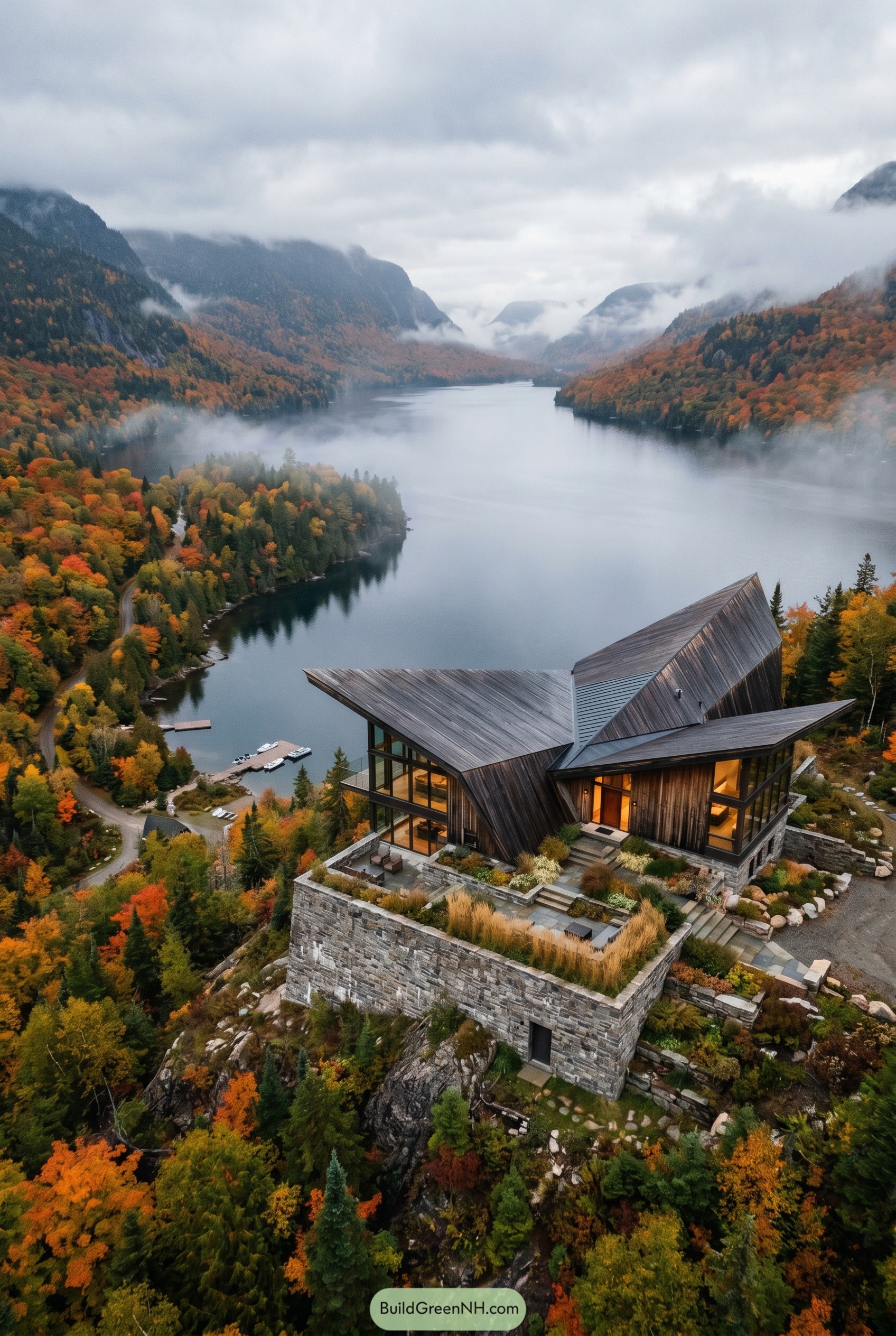 Angular lakeside home above misty autumn valley
