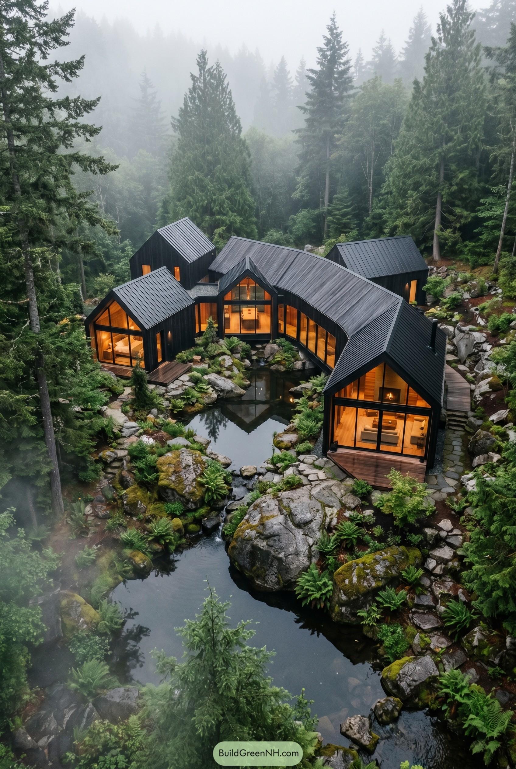 Black gabled forest retreat surrounding a pond