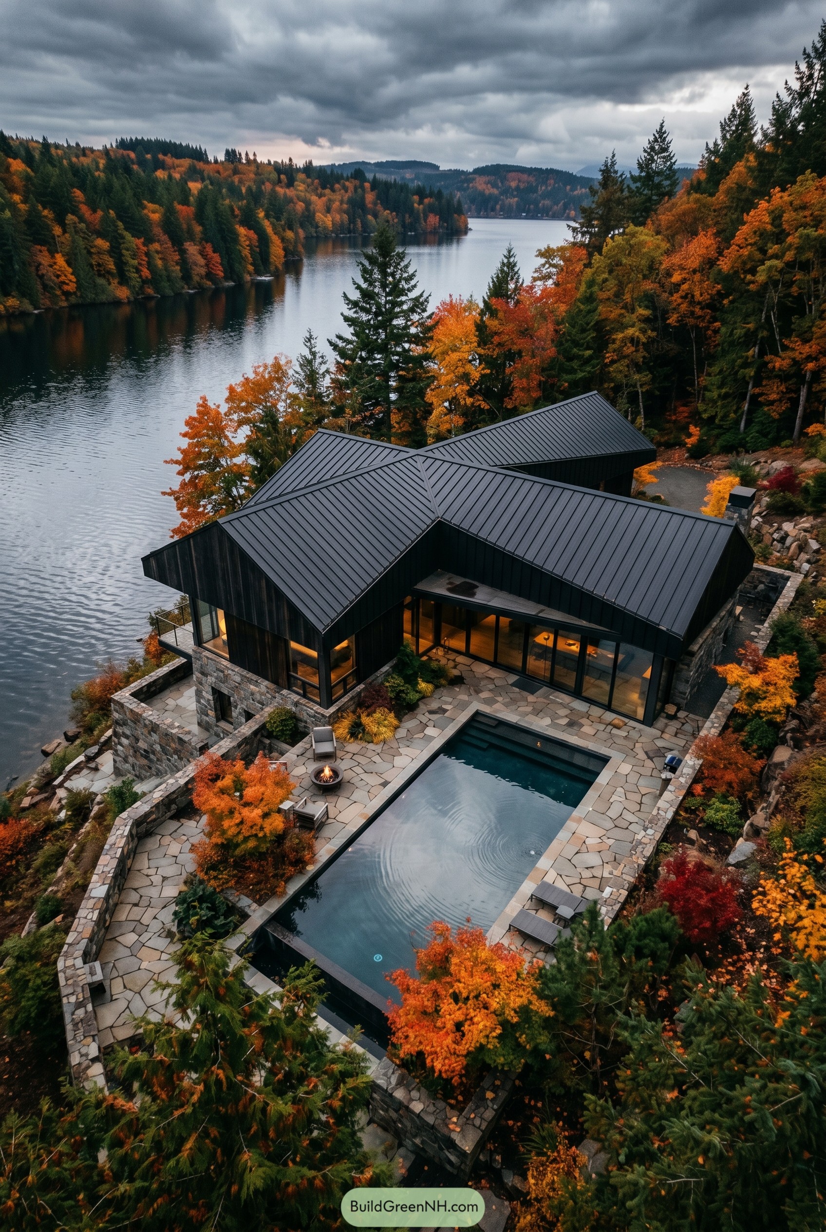 Modern lakeside retreat with black roofs and pool