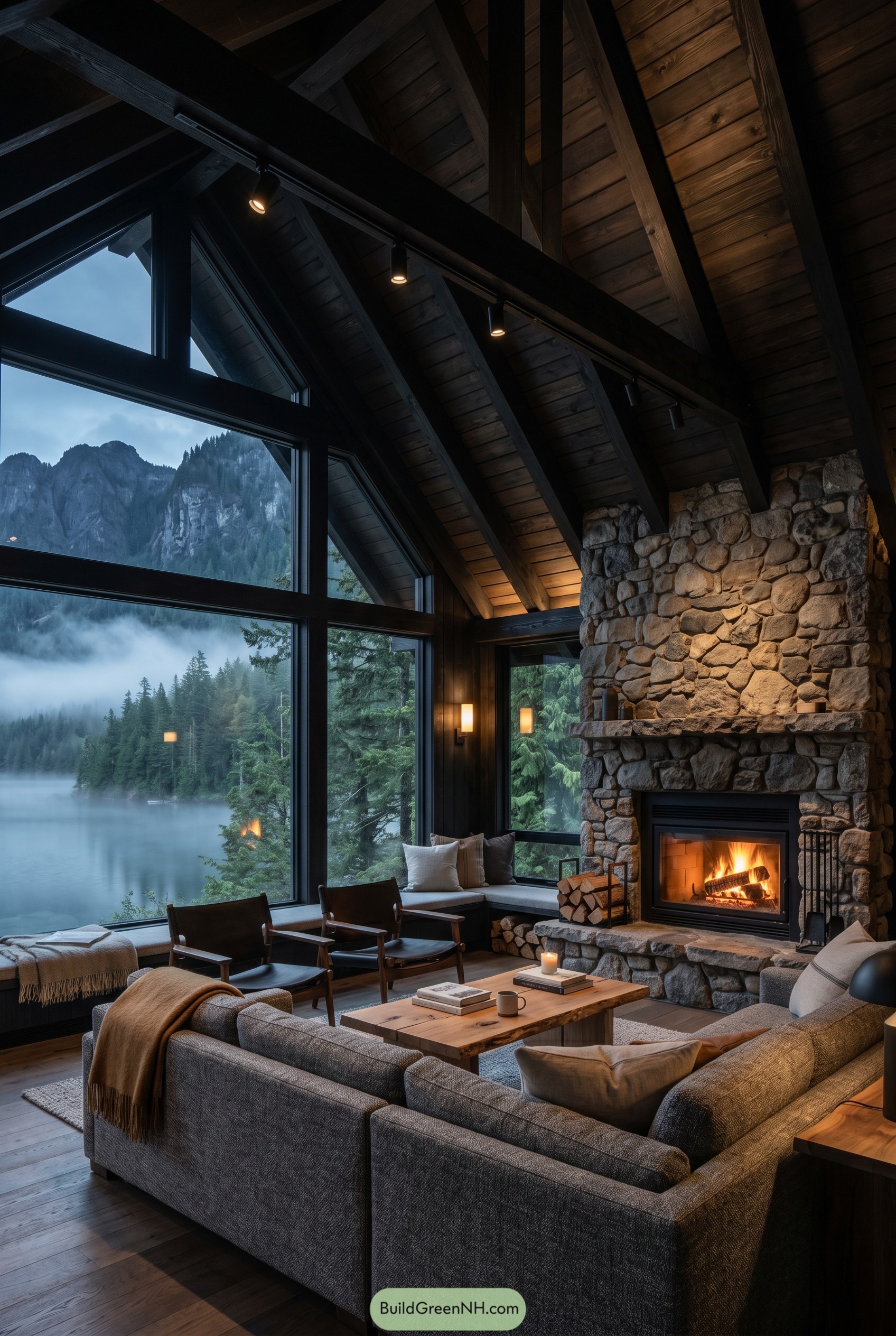 Cozy mountain cabin living room with stone fireplace
