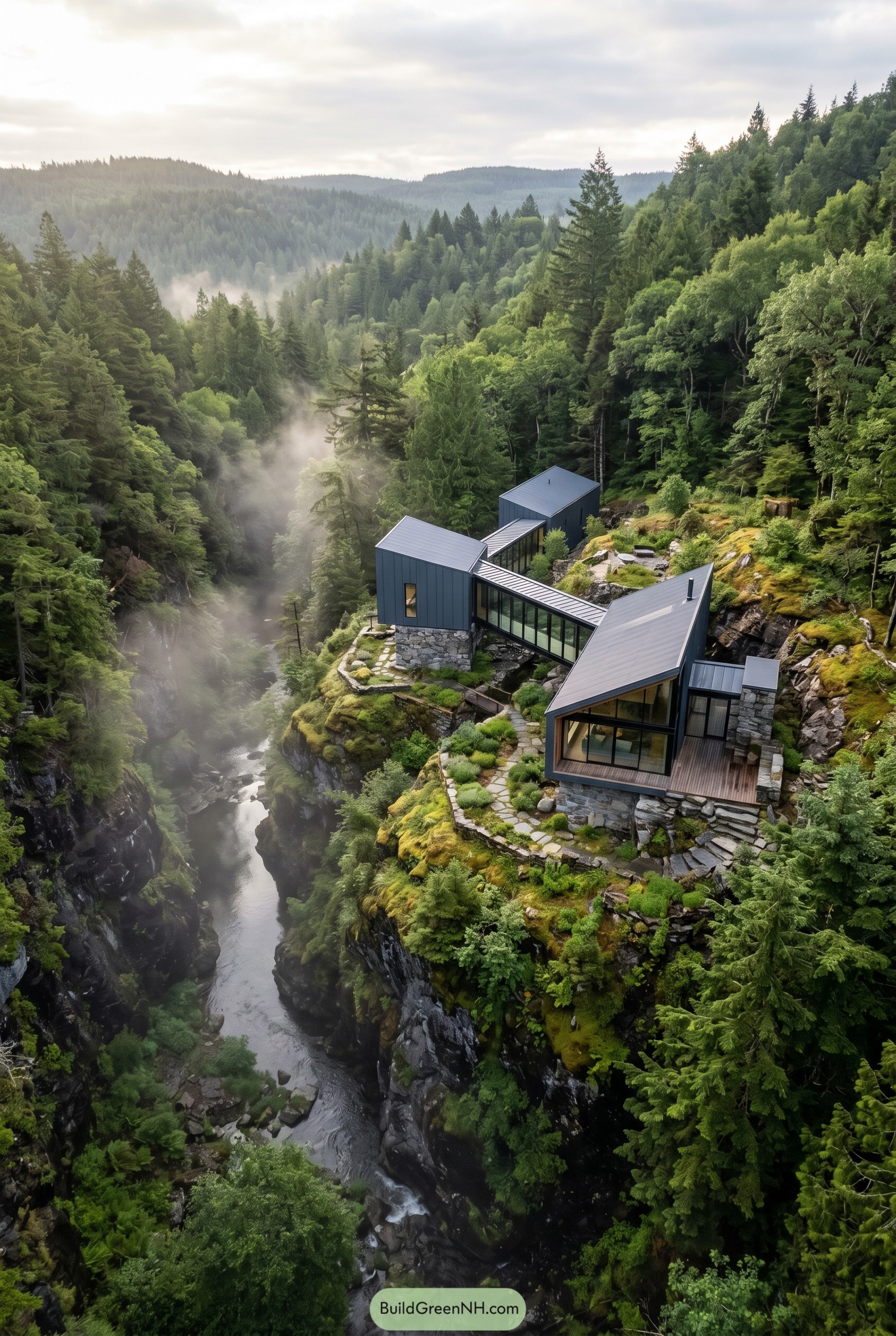 Modern connected cabins on a forested cliff