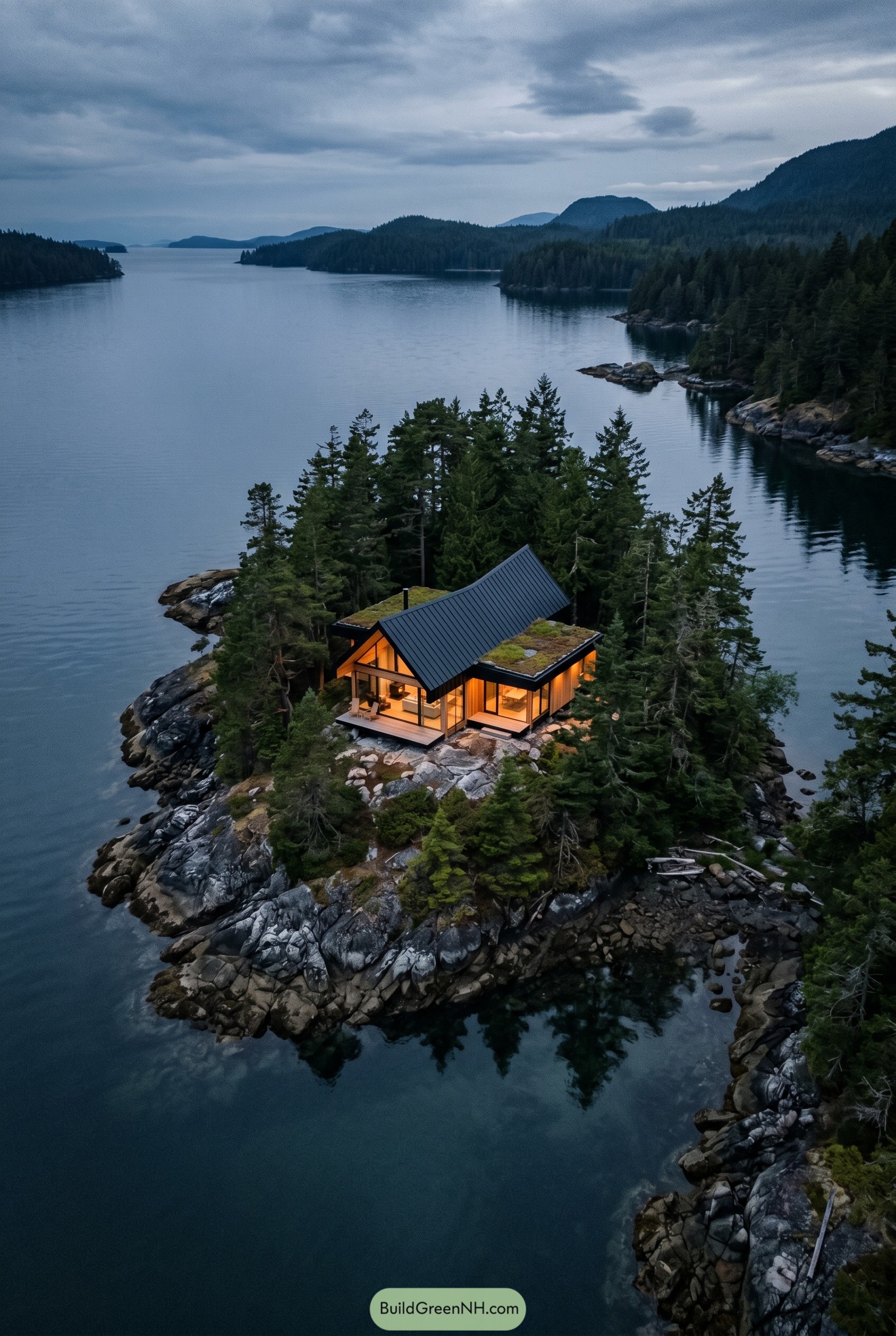 Modern island cabin with black gable roof
