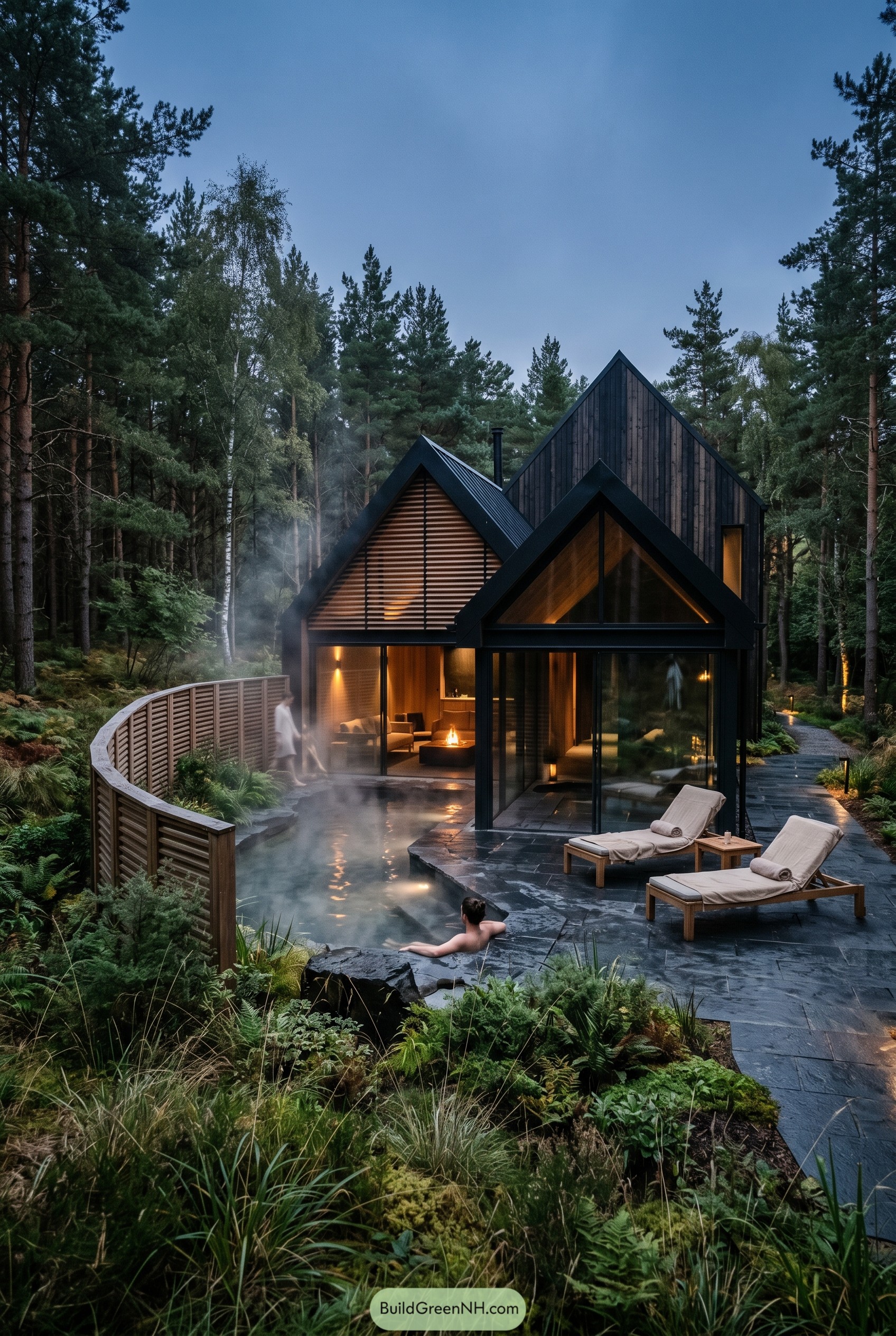 Modern gabled forest retreat with steaming pool