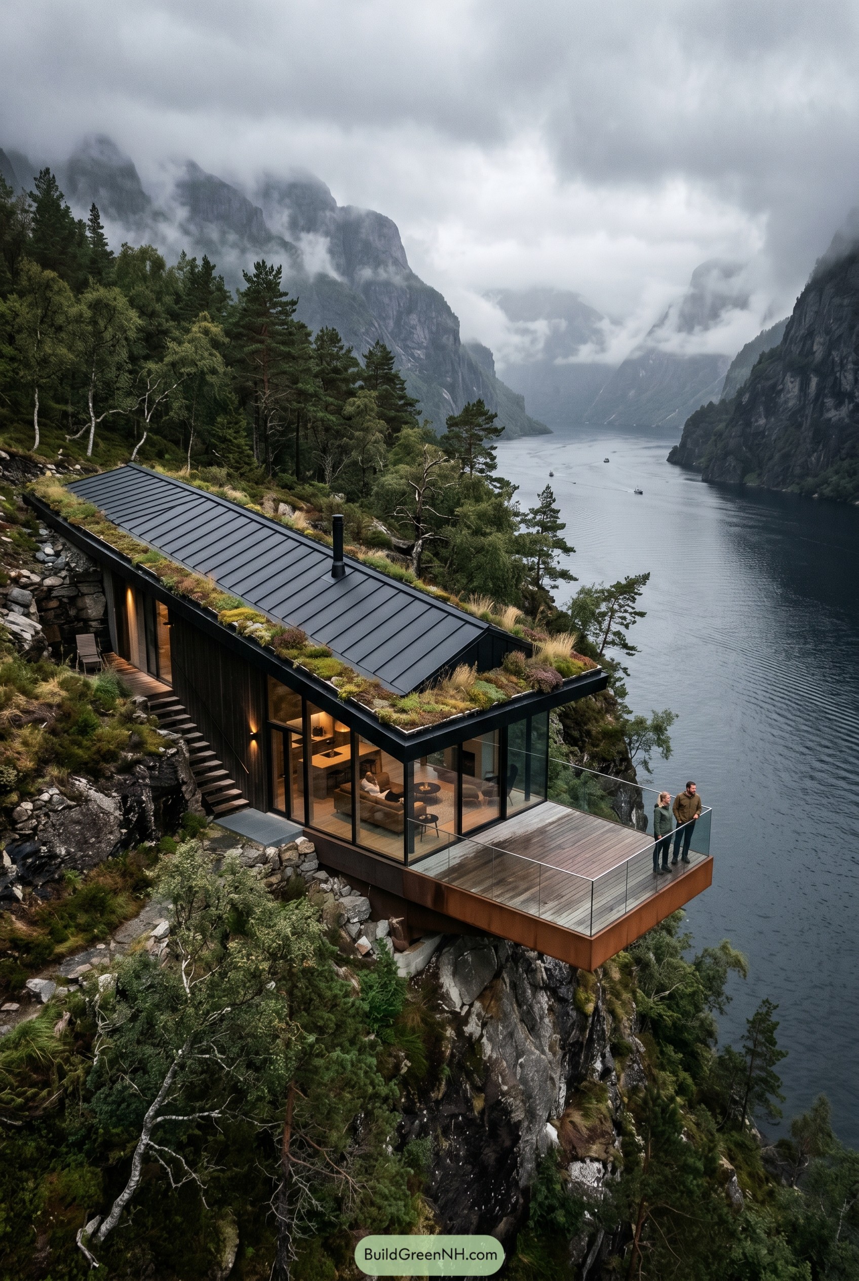 Cliffside glass cabin overlooking a misty fjord
