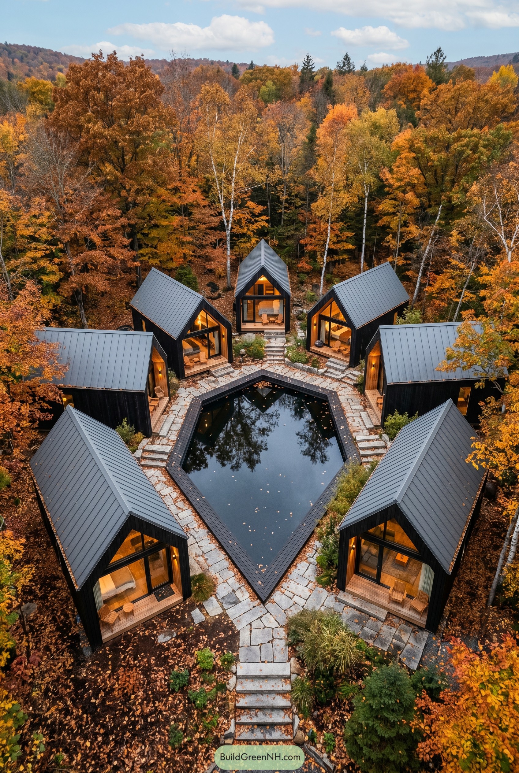 Black gabled cabins around a forest pond