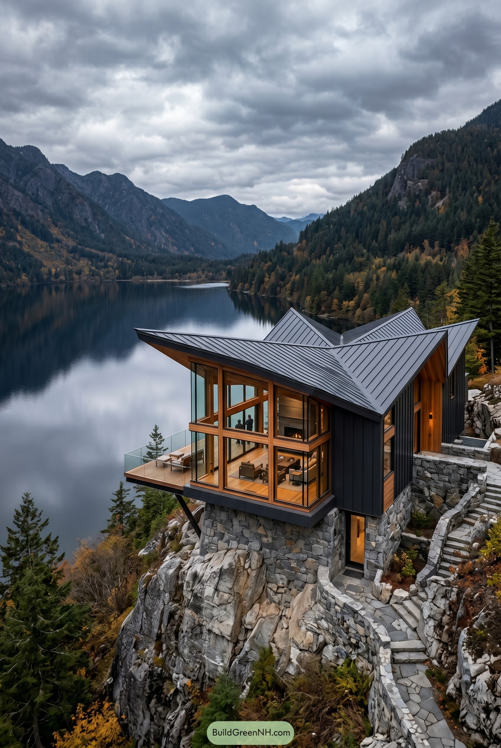 Cliffside lake house with folded metal roofs