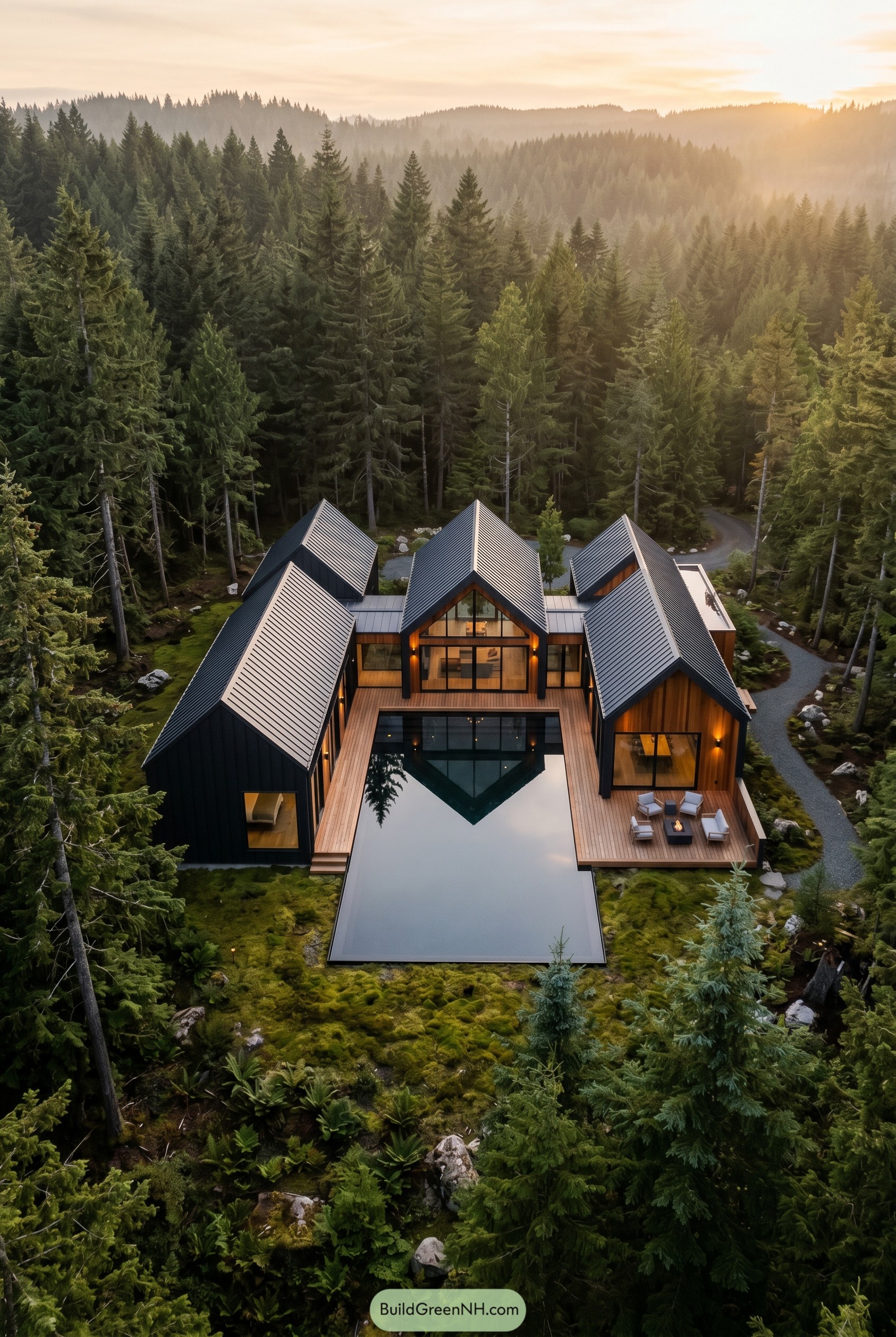 Multi-gabled forest retreat with a central pool