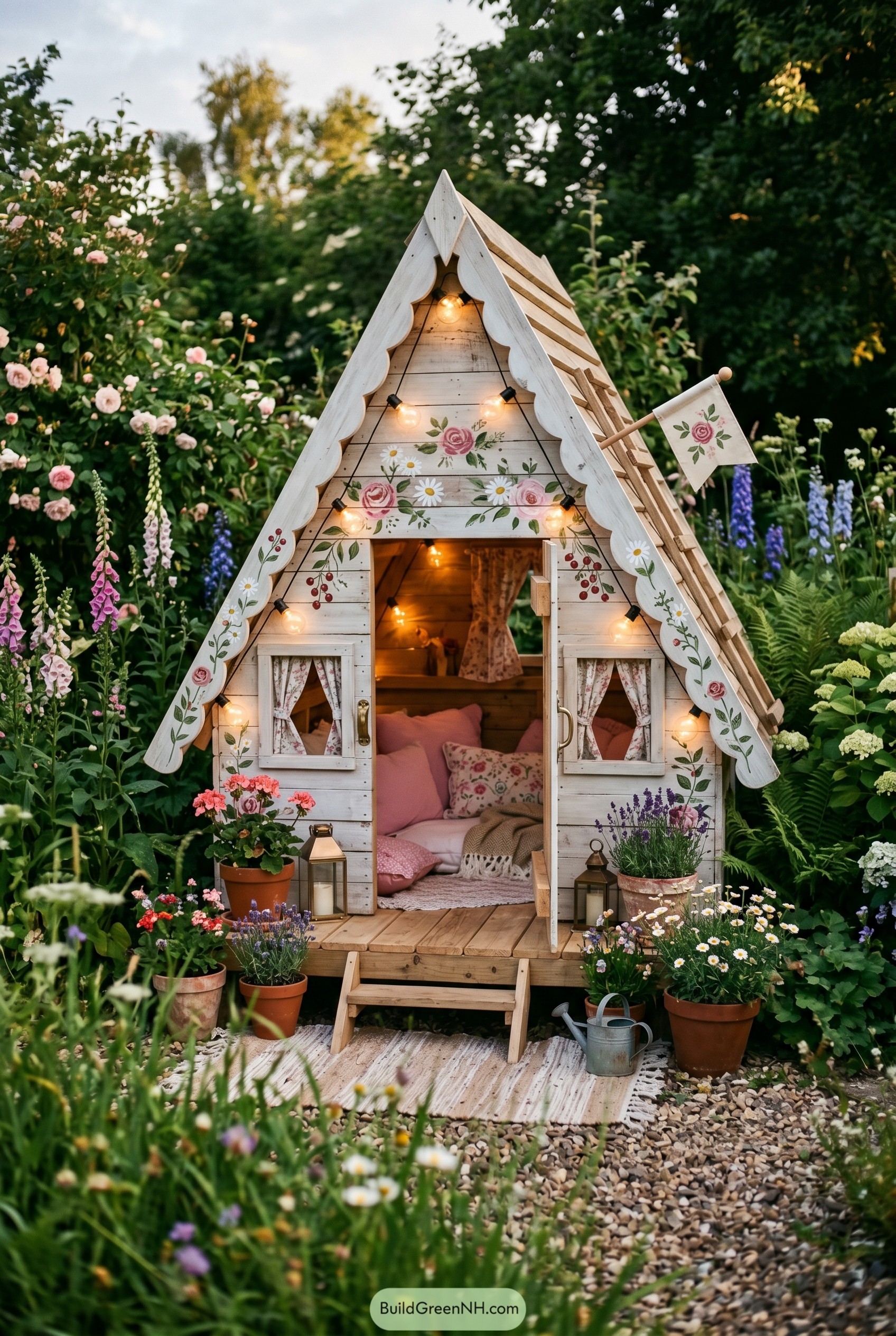 Floral A frame garden playhouse with glowing bulbs