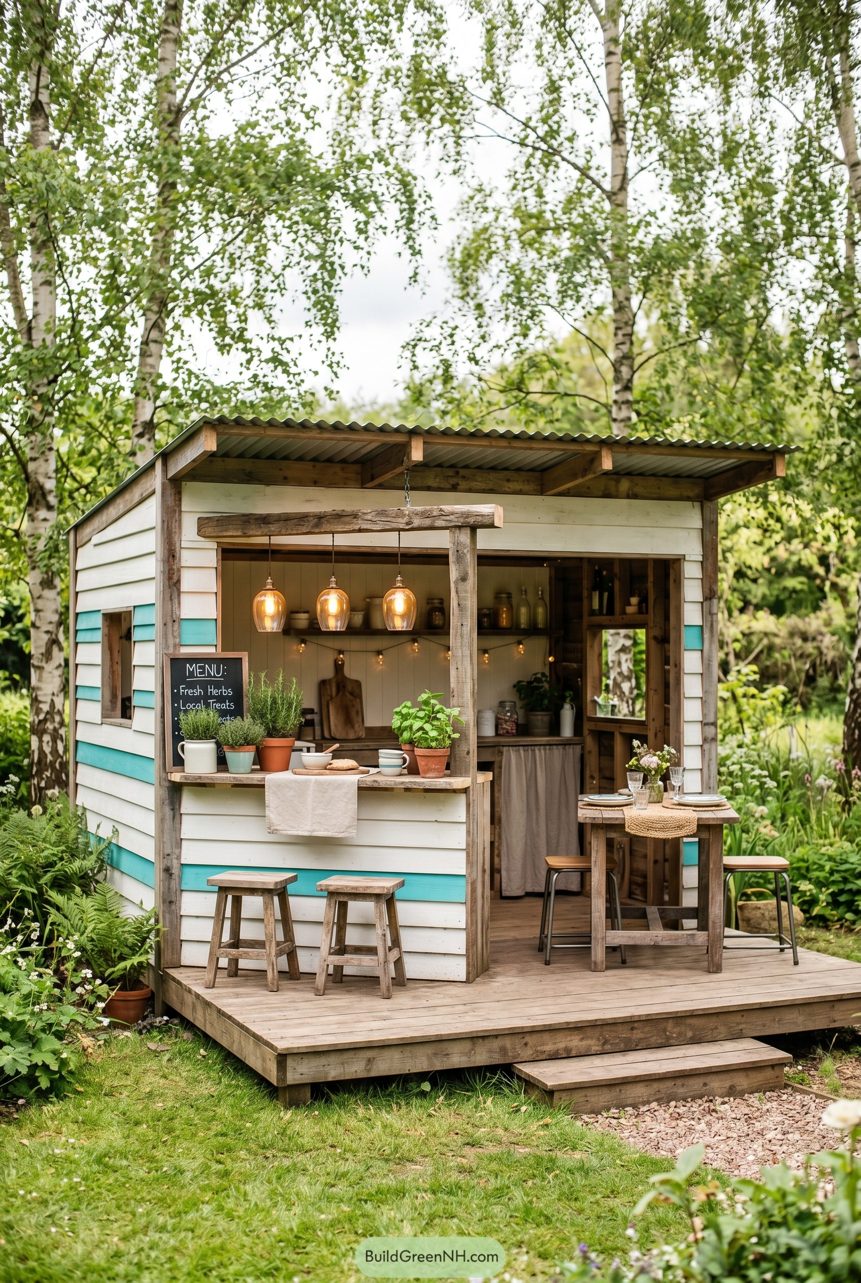 Small outdoor kitchen shed with deck and stools
