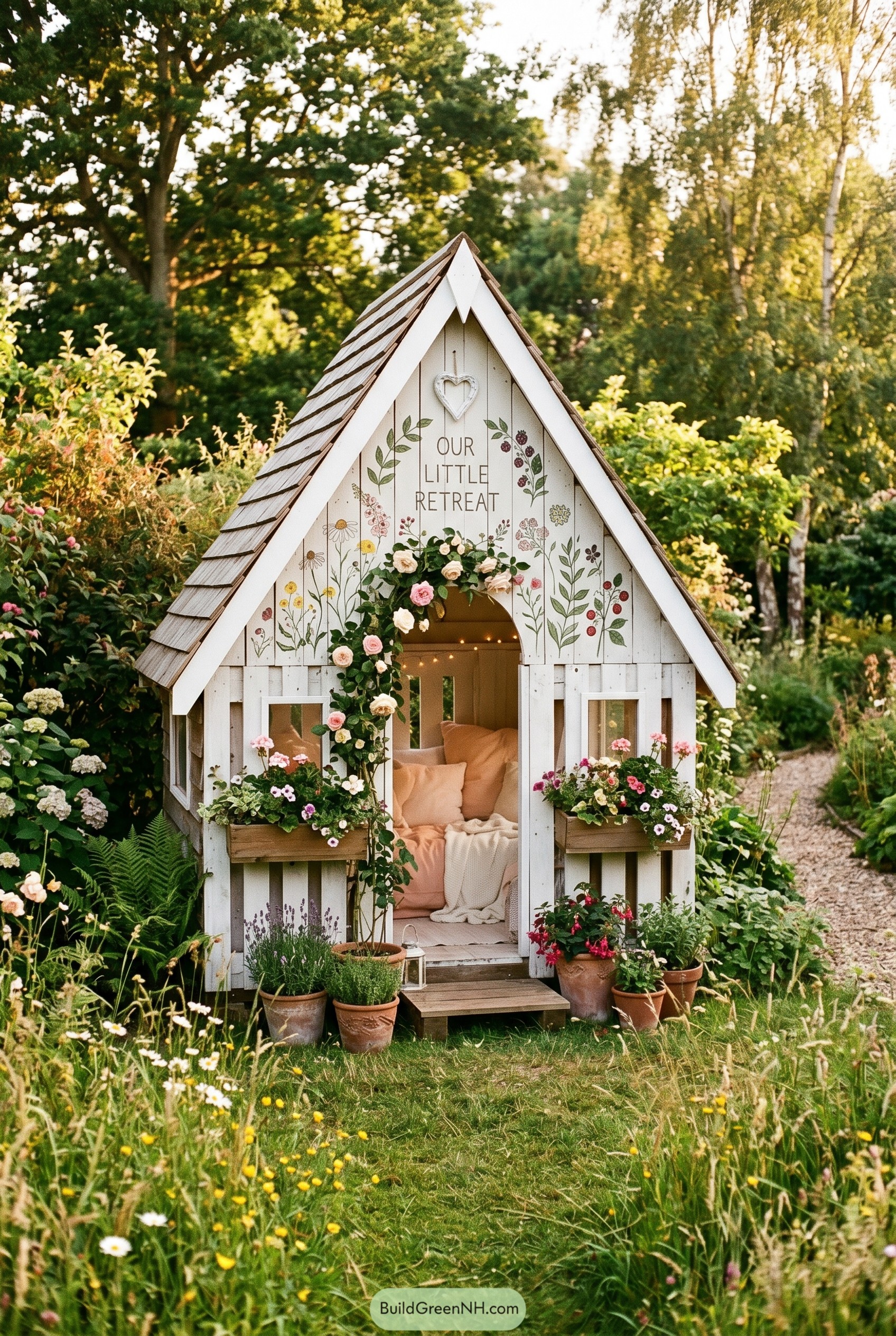 Floral A-frame garden retreat with cozy seating