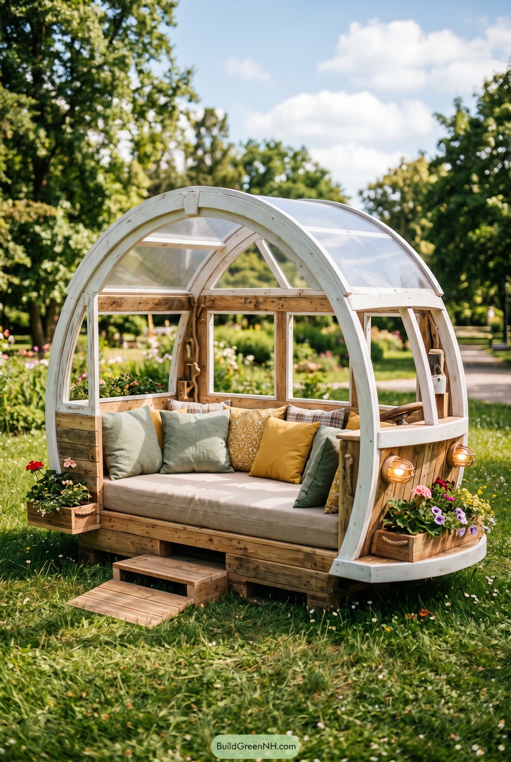 Arched wooden garden lounge with cushions