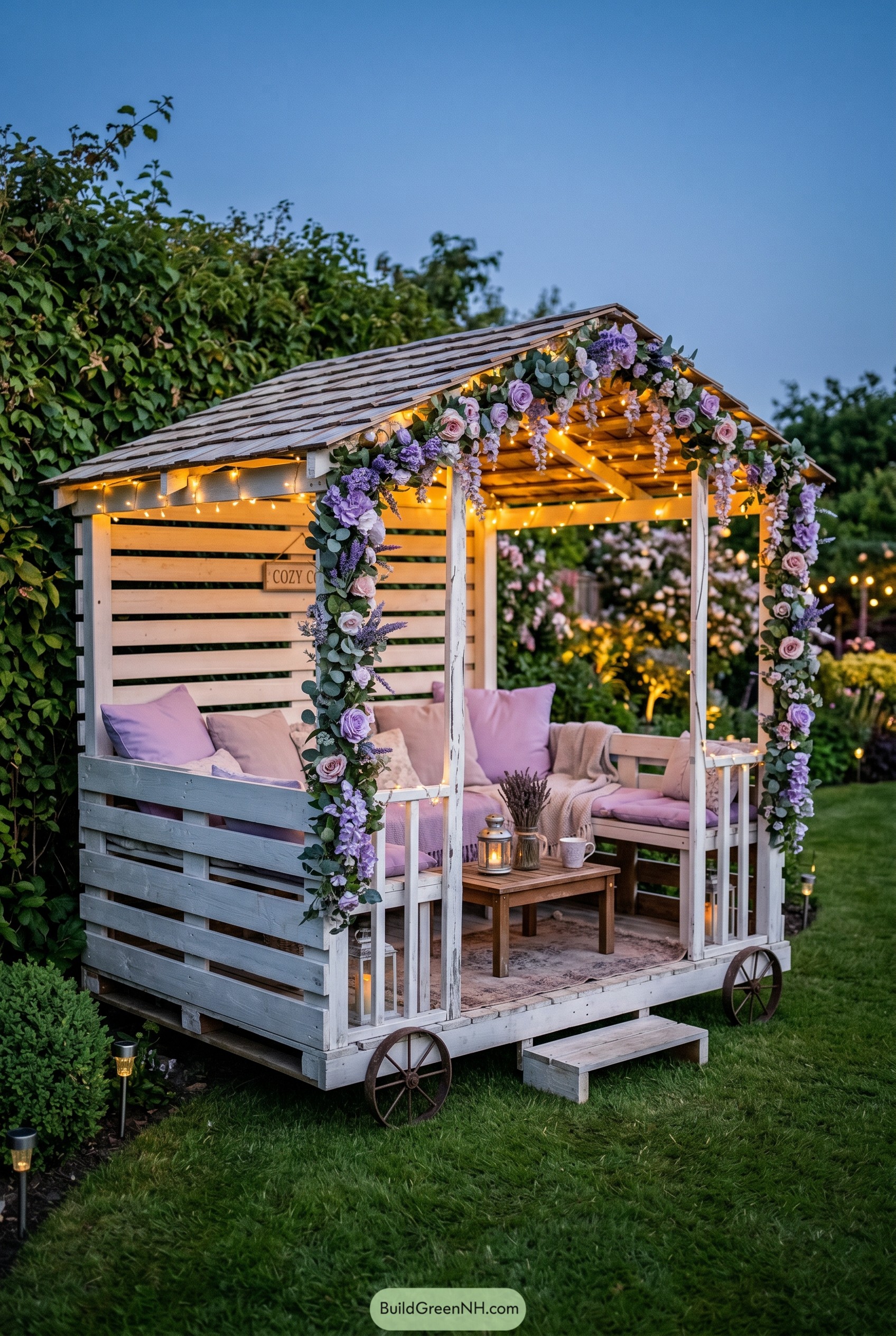 White garden cabana with flowers and cushions