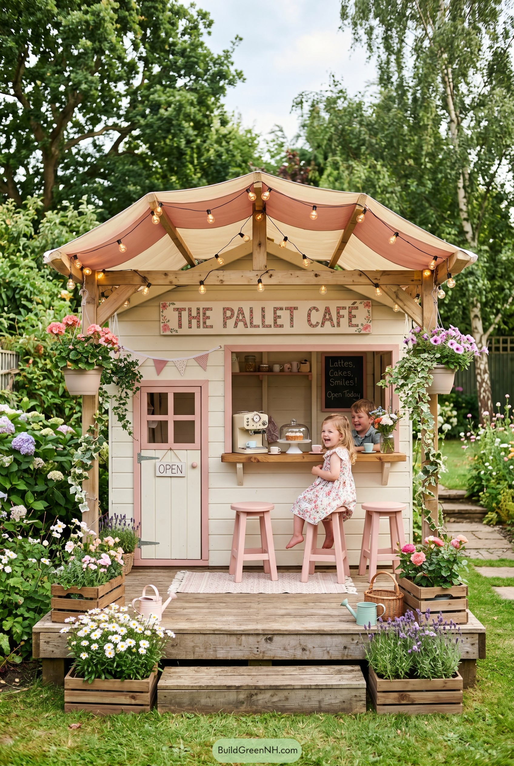 Pastel garden playhouse café with canopy