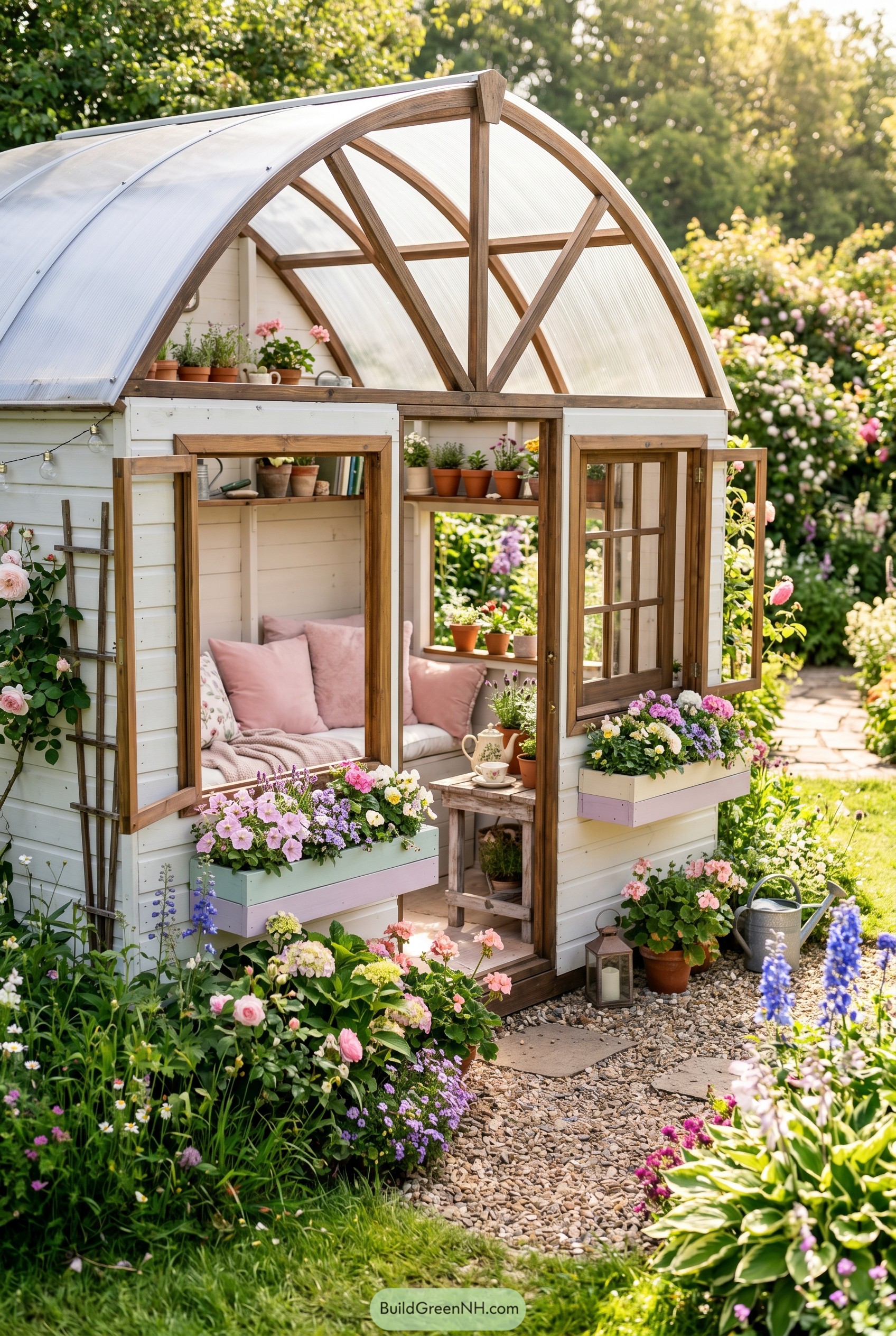 Arched greenhouse lounge with flower boxes