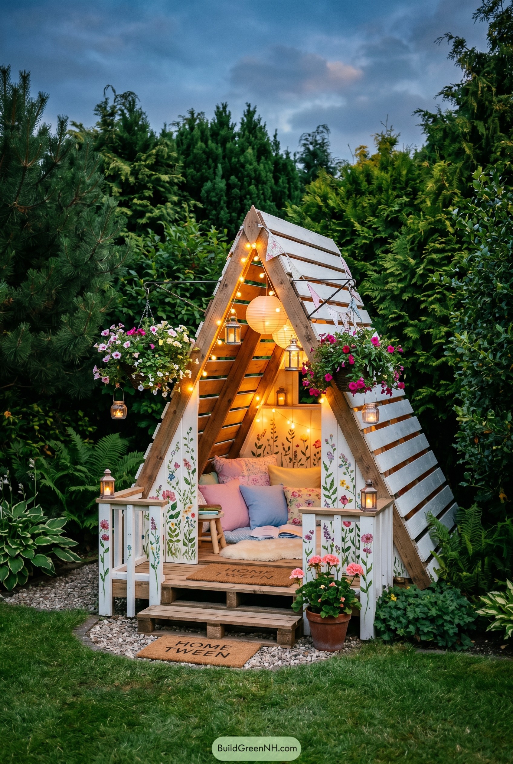 Cozy lit A-frame garden nook with flowers